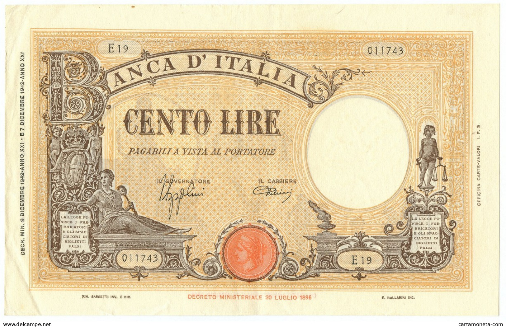 100 LIRE BARBETTI GRANDE B GIALLO TESTINA FASCIO 09/12/1942 SPL/SPL+ - Regno D'Italia – Other