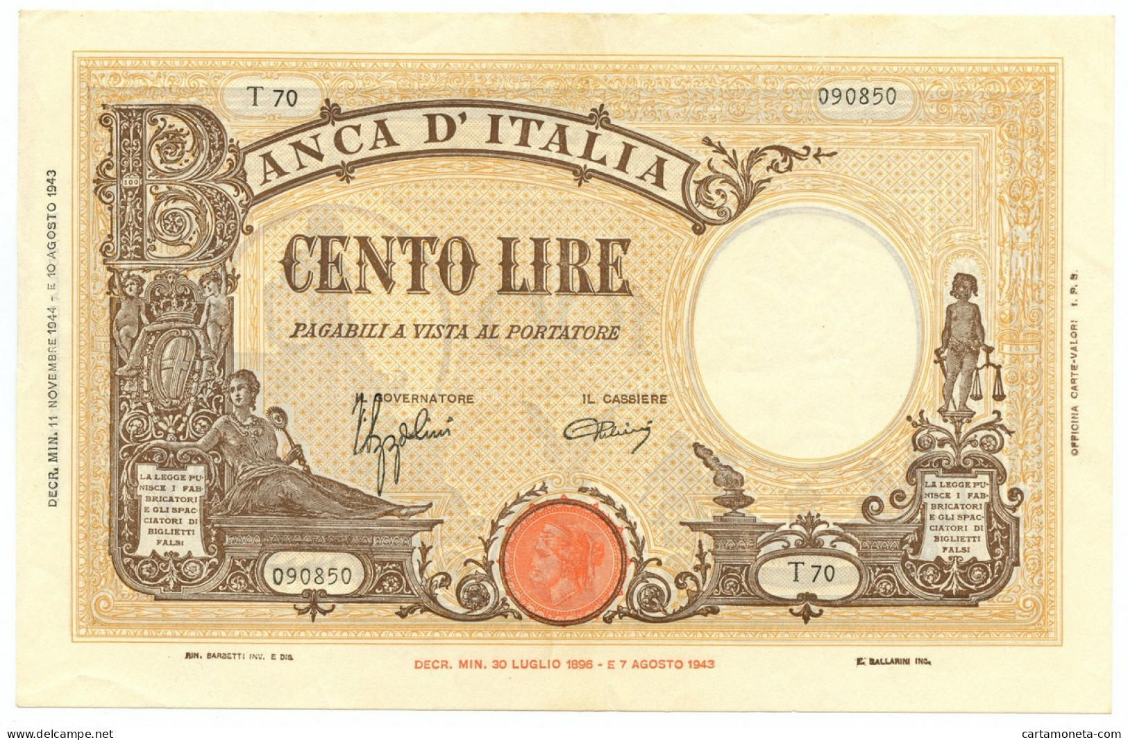 100 LIRE BARBETTI GRANDE B GIALLO TESTINA RETRO BI RSI 11/11/1944 SPL- - Regno D'Italia – Autres