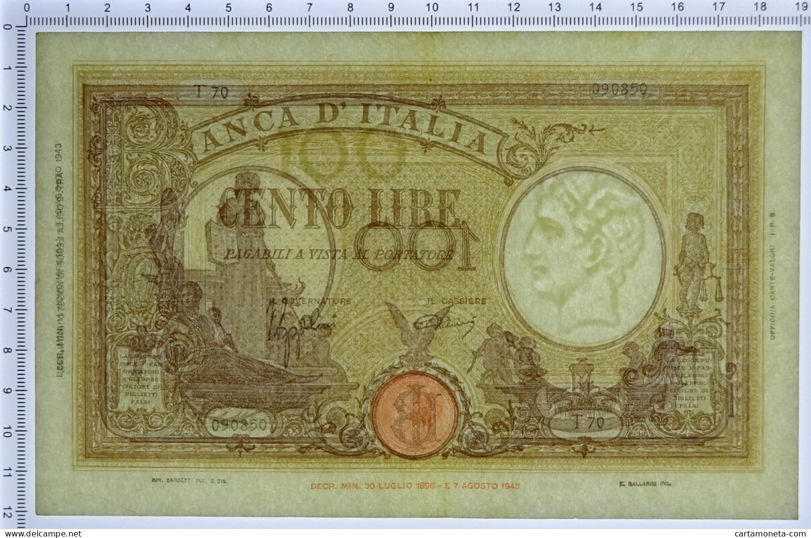 100 LIRE BARBETTI GRANDE B GIALLO TESTINA RETRO BI RSI 11/11/1944 SPL- - Regno D'Italia – Other