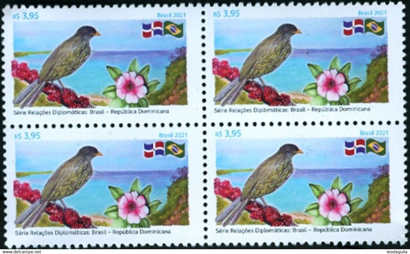 BRAZIL #4816 - BIRD PALMCHAT - BEACH - FLOWER  - BLOCK OF 4  - 2021 - MINT - Unused Stamps