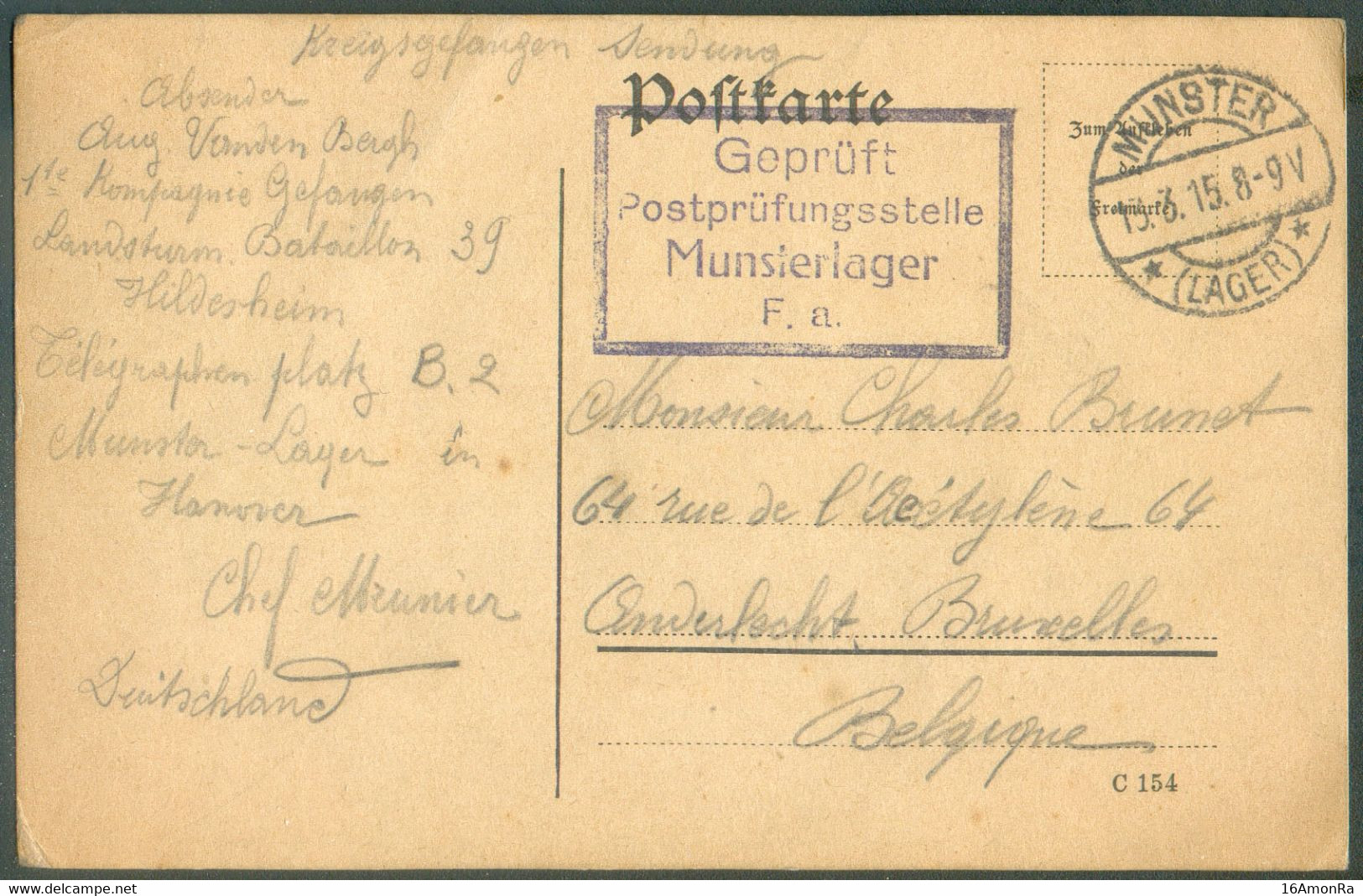 C.P. (man. Kriegsgefangenen Sendung, Datée Du 25 Février 1915) Dc MUNSTER 13.3.1915 + Grife Geprüft Postprüfungsstelle M - Prisonniers