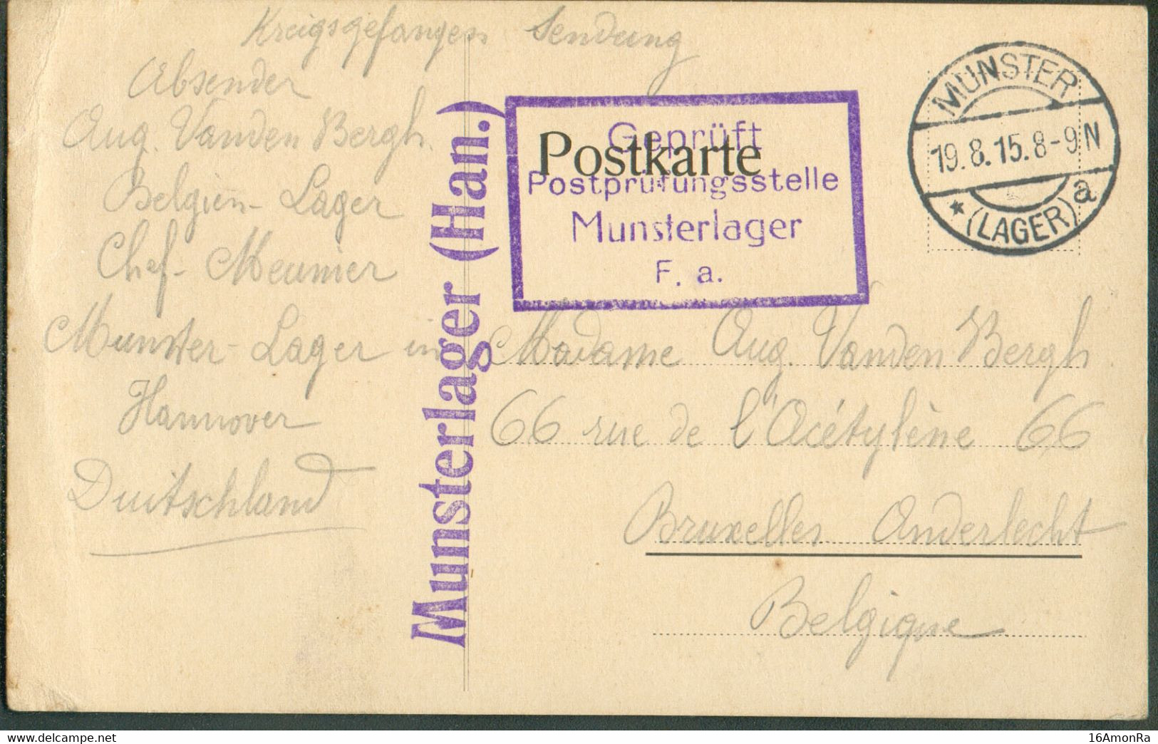 C.P. (man. Kriegsgefangenen Sendung, Datée Du 9 Août 1915) Dc MUNSTER 19.8.1915 + Grife Geprüft Postprüfungsstelle Munst - Prisonniers