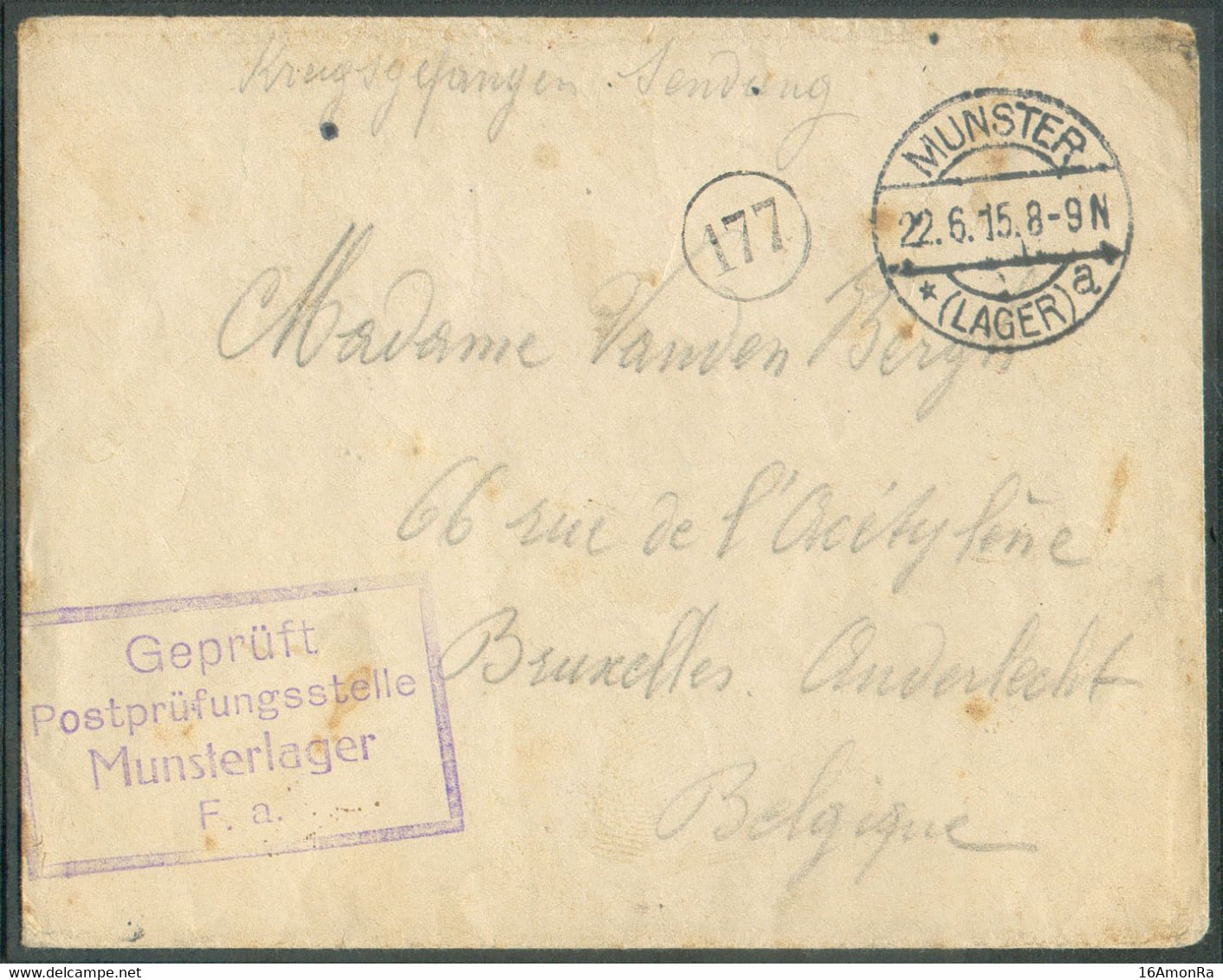 C.P. (man. Kriegsgefangenen Sendung) Dc MUNSTER 22.6 1915 + Grife Geprüft Postprüfungsstelle Munsterlager F.a.   Vers An - Prisoners