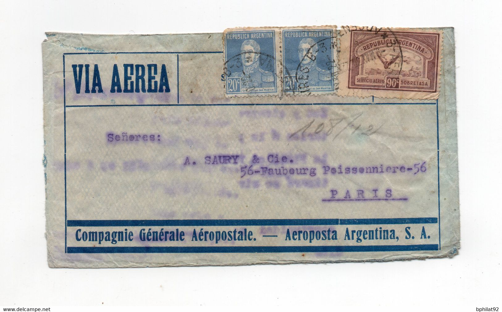 !!! LETTRE DE BUENOS AIRES POUR PARIS, RESCAPEE DE L'ACCIDENT DU RIO DE LA PLATA DU 10/5/1930 - Lettres Accidentées