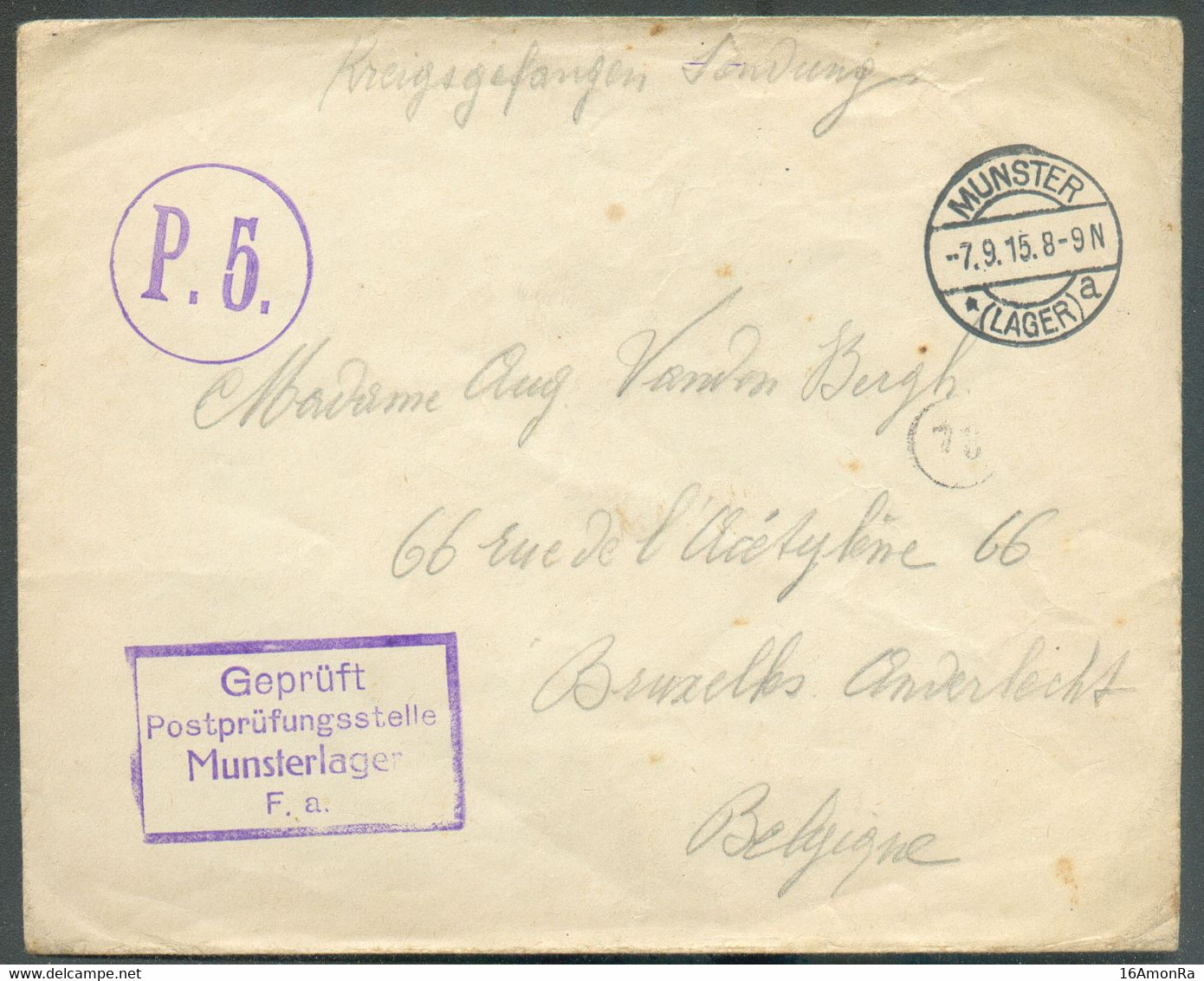 Enveloppe (man. Kriegsgefangenen Sendung) Dc MUNSTER 7.9 1915 + Grife Geprüft Postprüfungsstelle Munsterlager F.a.   + G - Prisonniers