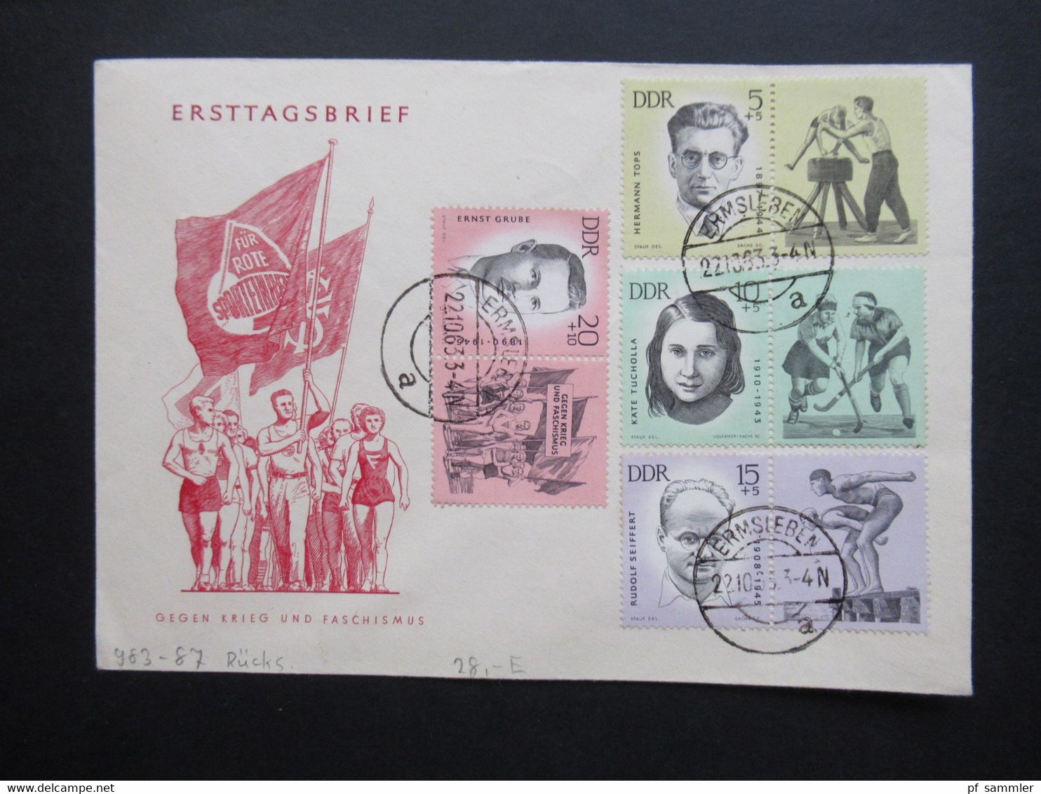 DDR 1963 Ersttagsbrief Umschlag Mit Tagesstempel Ermsleben MiF Zusammendrucke Ermorderte Antifaschistische Sportler II - Briefe U. Dokumente