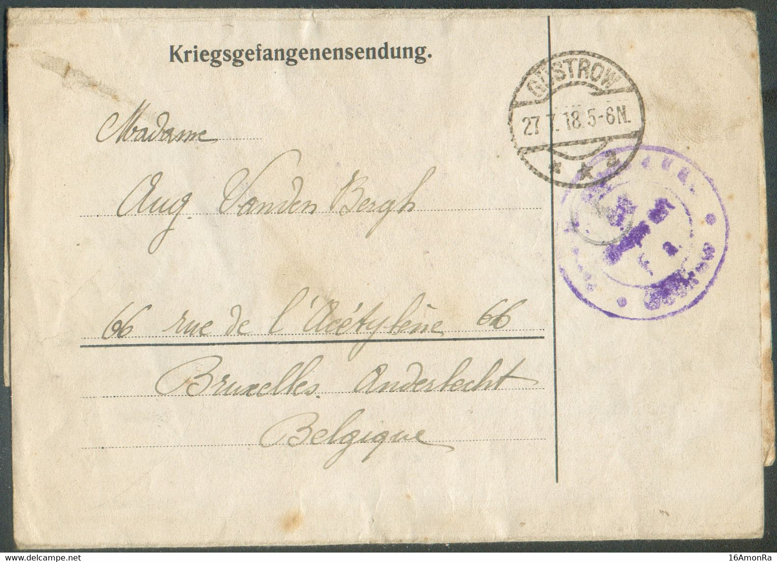 Enveloppe (prisonnier Belge) Dc GÜSTROW 27.7 1918 + Dc Kriegsgefangenenlager GUSTROW * Postprüfungsstelle Geprüft F.a ve - Kriegsgefangenschaft