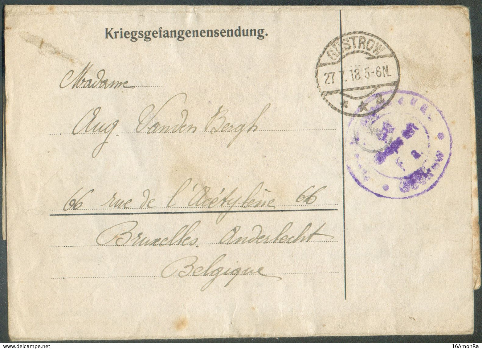 Enveloppe (prisonnier Belge) Dc GÜSTROW 27.7 1918 + Dc Kriegsgefangenenlager GUSTROW * Postprüfungsstelle Geprüft F.a ve - Prisoners