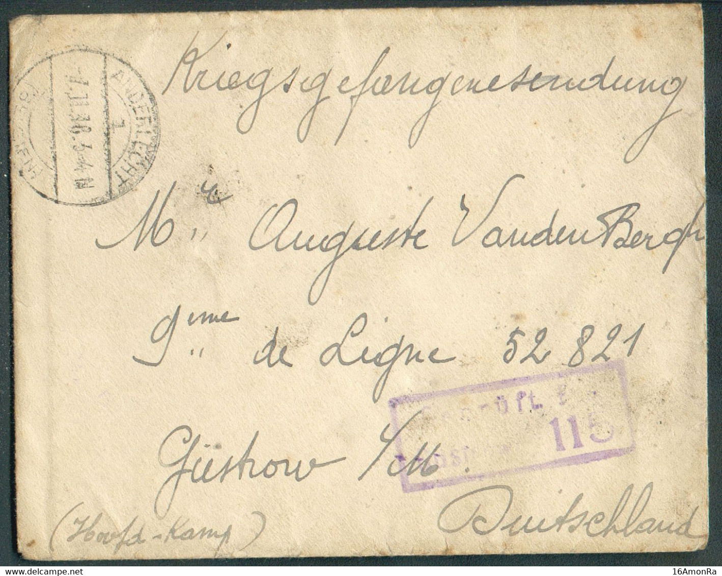 Enveloppe (prisonnier Belge) Expédiée D'ANDERLECHT  1.11 1918 + Kriegsgefangenenlager vers Auguste Vande Bergh 9ème De L - Krijgsgevangenen