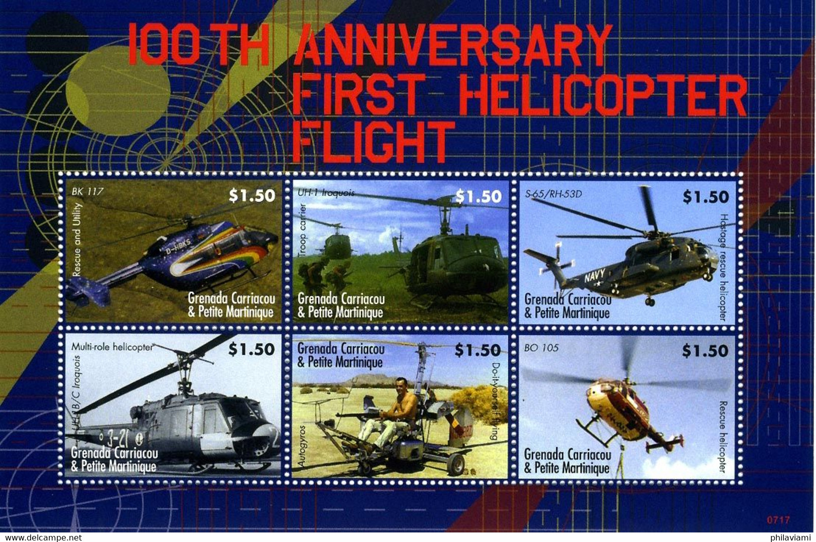 Grenade Grenada Carriacou 2007 Centenary Helicopter MBK 117, Bensen Autogyre, Bell UH-1 (SG 3912) - Hélicoptères