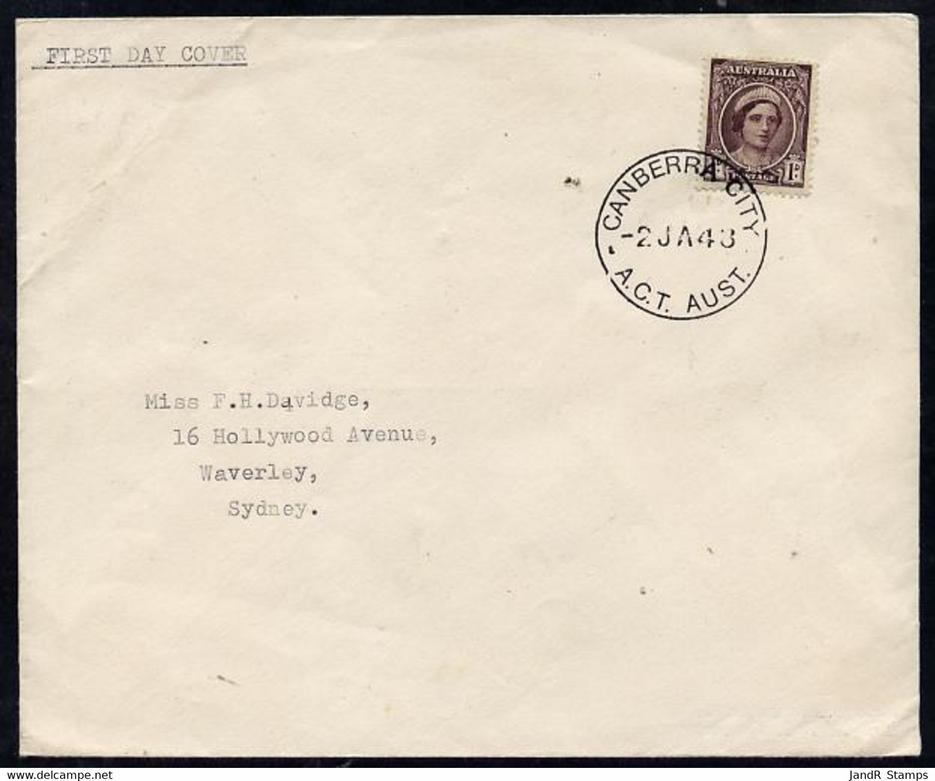 Australia 1943 KG6 1d Brown-purple On Plain Typed Addressed Cover With Clear First Day Cancel (SG203) - Mint Stamps