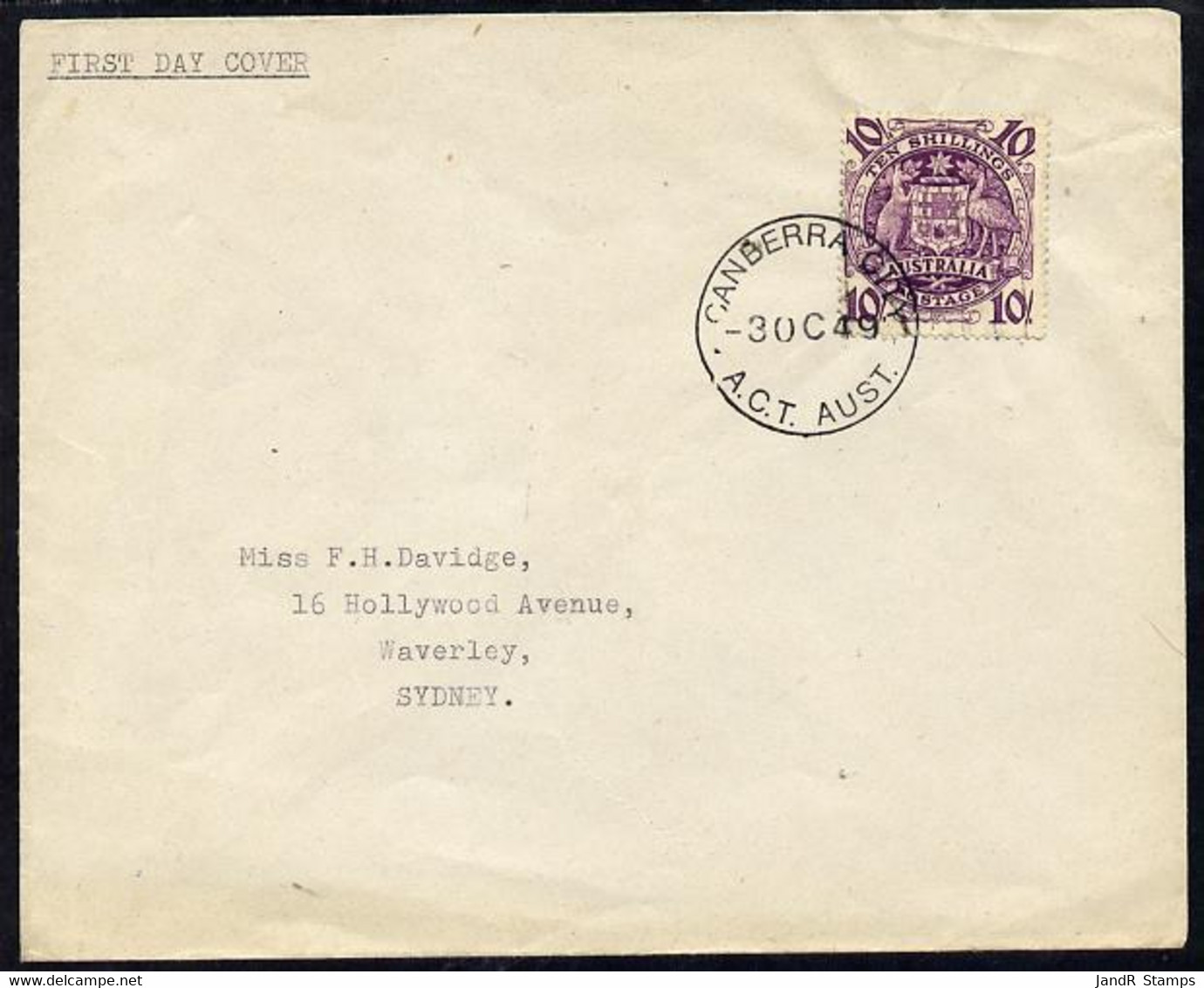 Australia 1949 Arms 10s On Plain Typed Addressed Cover With Clear First Day Cancel (SG224b) - Ungebraucht