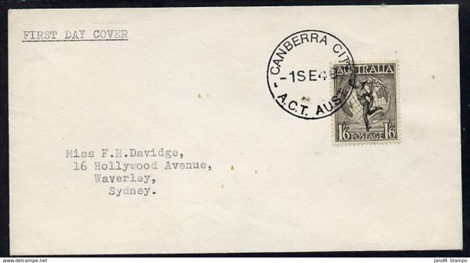 Australia 1949 Hermes 1s6d On Plain Typed Addressed Cover With Clear First Day Cancel (SG223a) - Ungebraucht