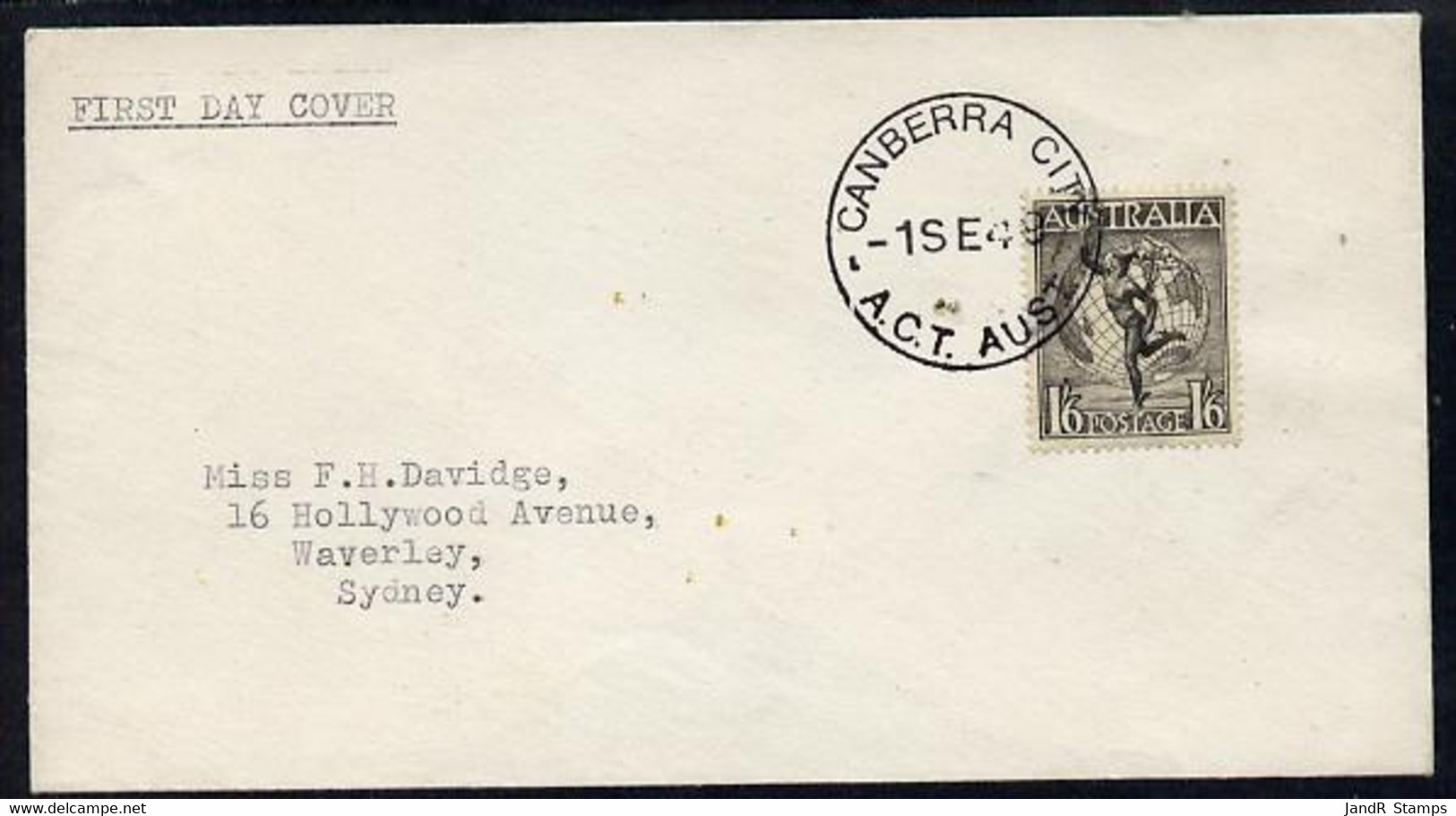 Australia 1949 Hermes 1s6d On Plain Typed Addressed Cover With Clear First Day Cancel (SG223a) - Nuevos