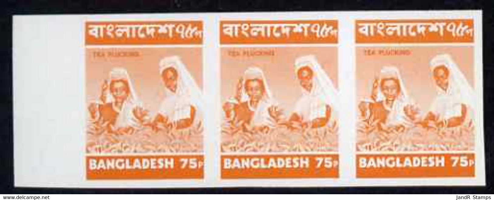 Bangladesh 1973 Plucking Tea 75p Orange Imperf Marginal Strip Of 3 U/m As SG30 - Bangladesh