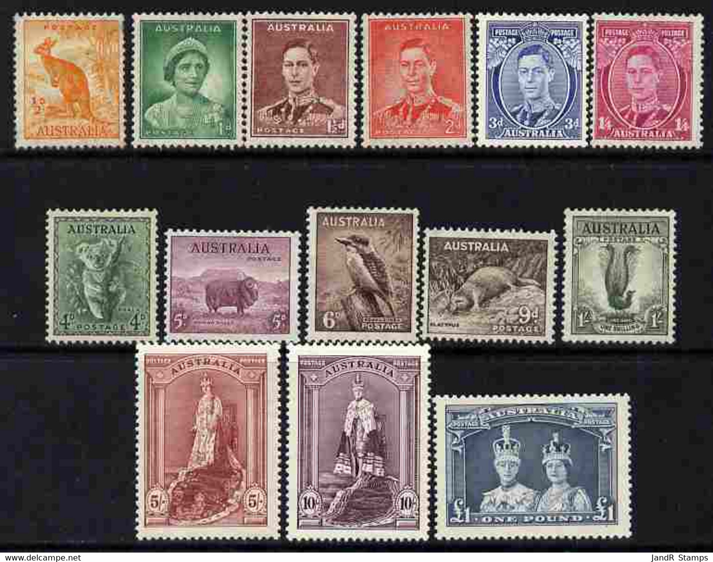 Australia 1937-49 KG6 Definitive Set Complete 1/2d To £1 P13.5x14, 14 Values Mounted Mint, SG 164-78 - Mint Stamps