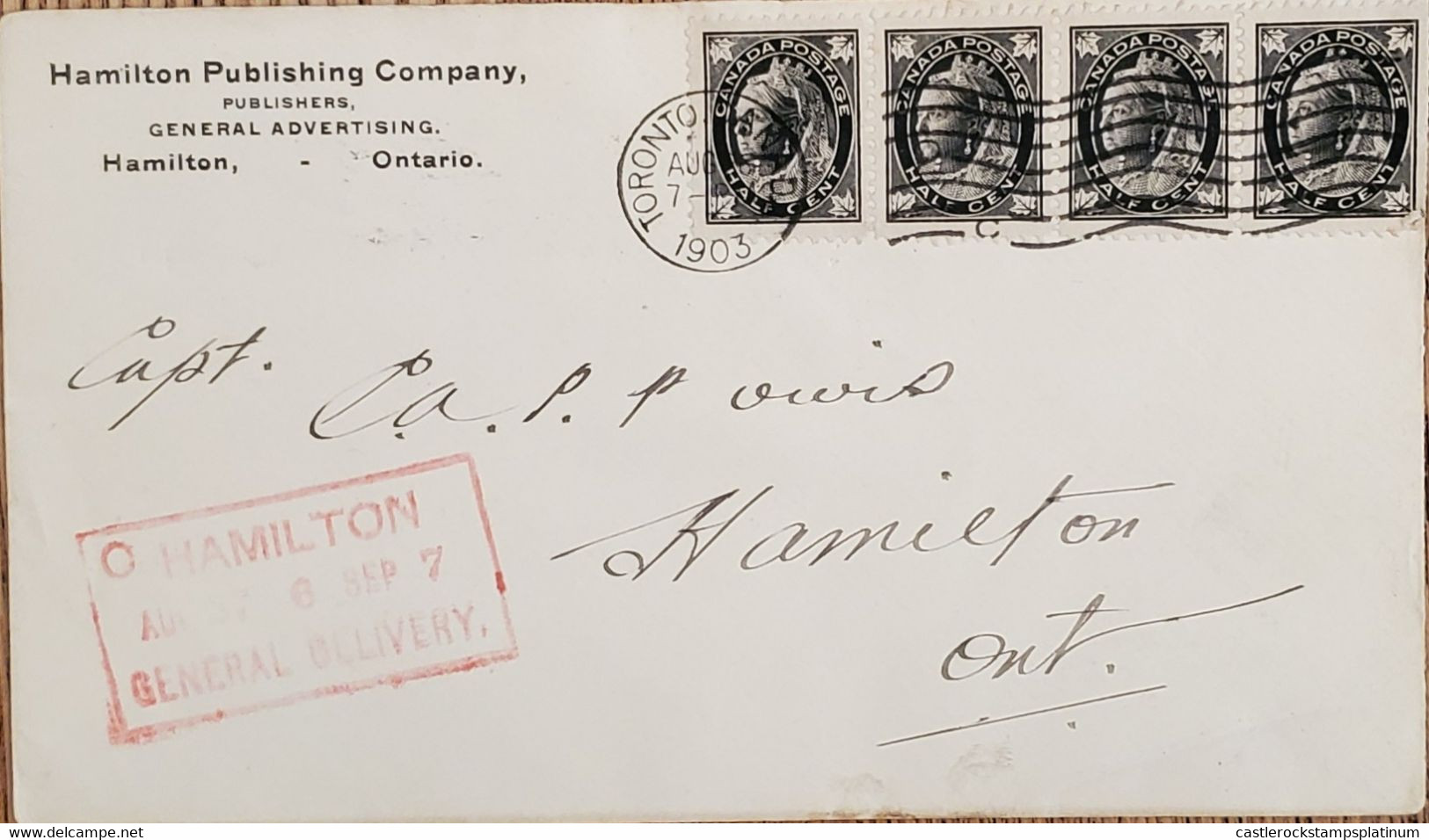 A) 1903, CANADA, ISABEL II, FROM TORONTO TO HAMILTON, RED CANCELLATION STAMP GENERAL DELIVERY AND CANCELLATION ON THE ST - Lettres & Documents