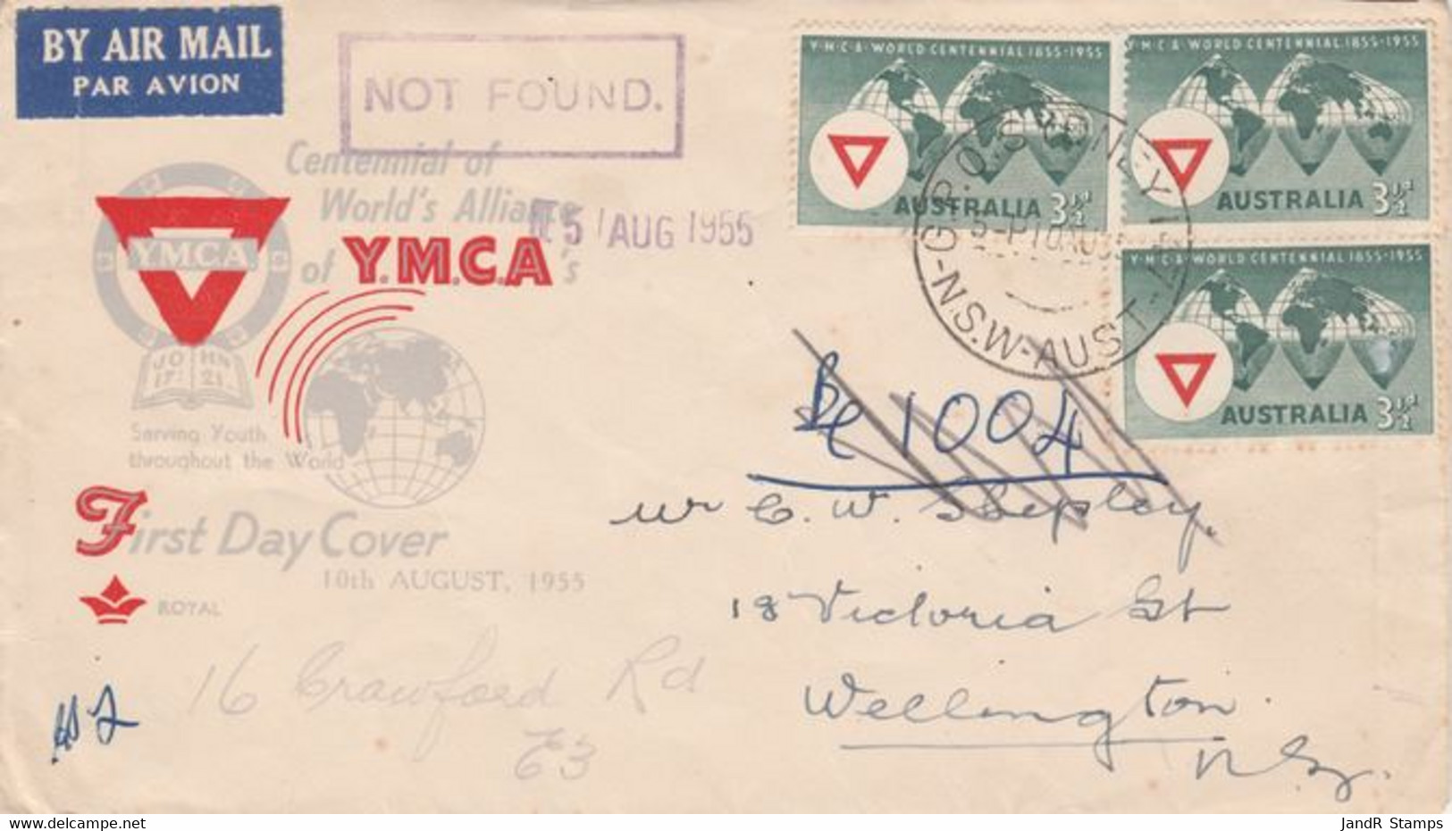Australia 1955 YMCA X 3 On First Day Airmail Cover To New Zealand With Boxed NOT FOUND In Violet - Nuevos