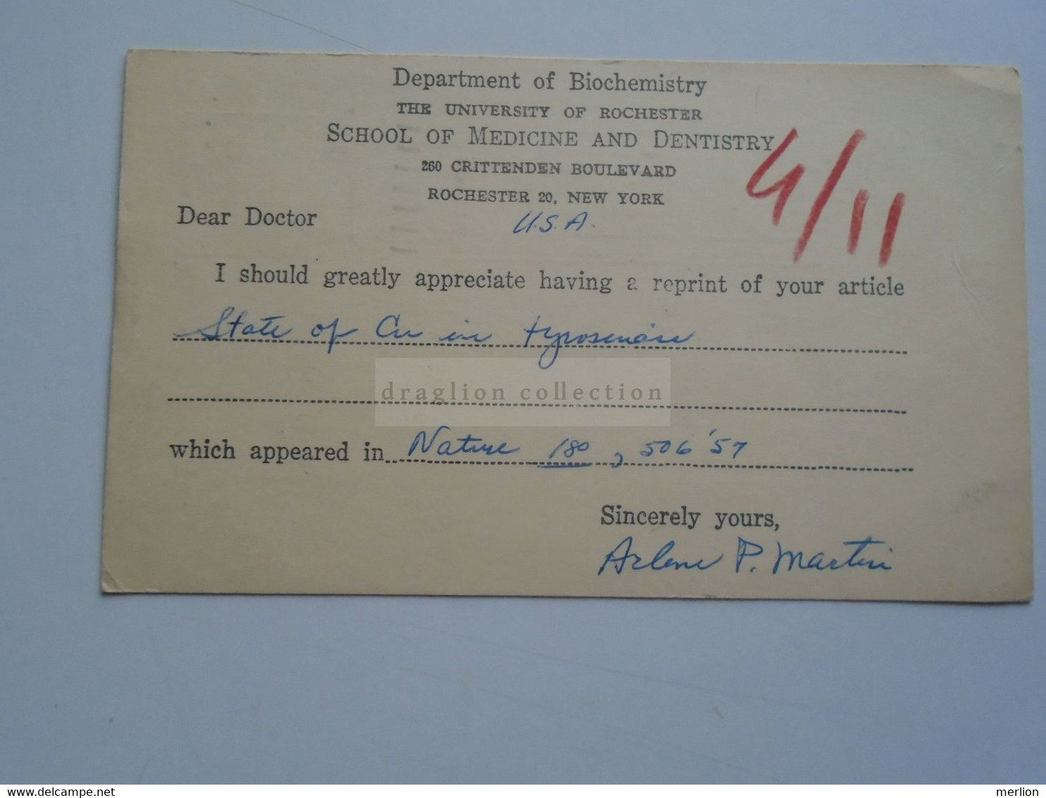 D179021 US Uprated Postal Stationery - Cancel 1957 Rochester   - University -    To Dr. Denis Kertész   Italy - 1941-60