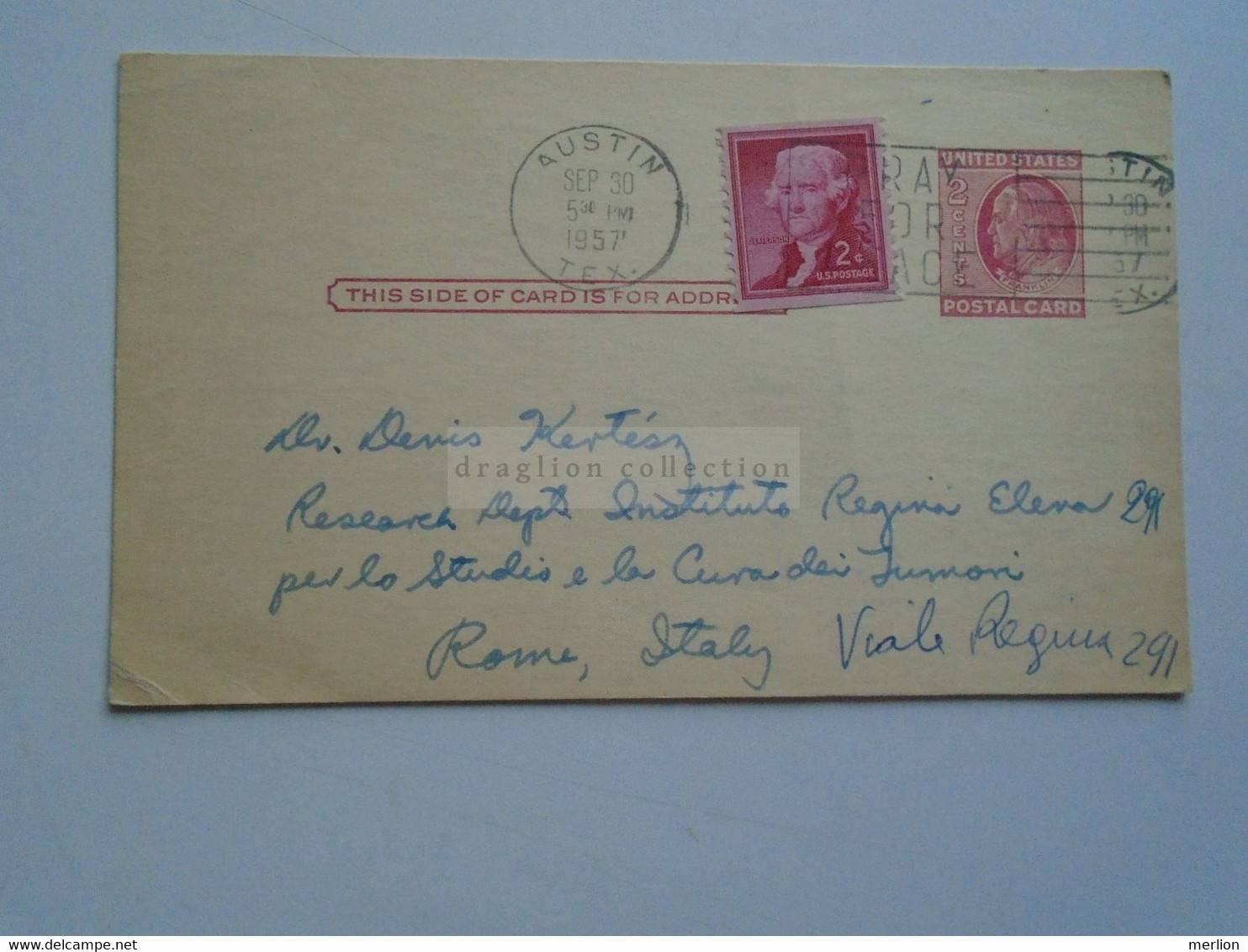 D179022 US Uprated Postal Stationery - Cancel 1957 Austin Terxas   R.E. Alston -   To Dr. Denis Kertész   Italy - 1941-60