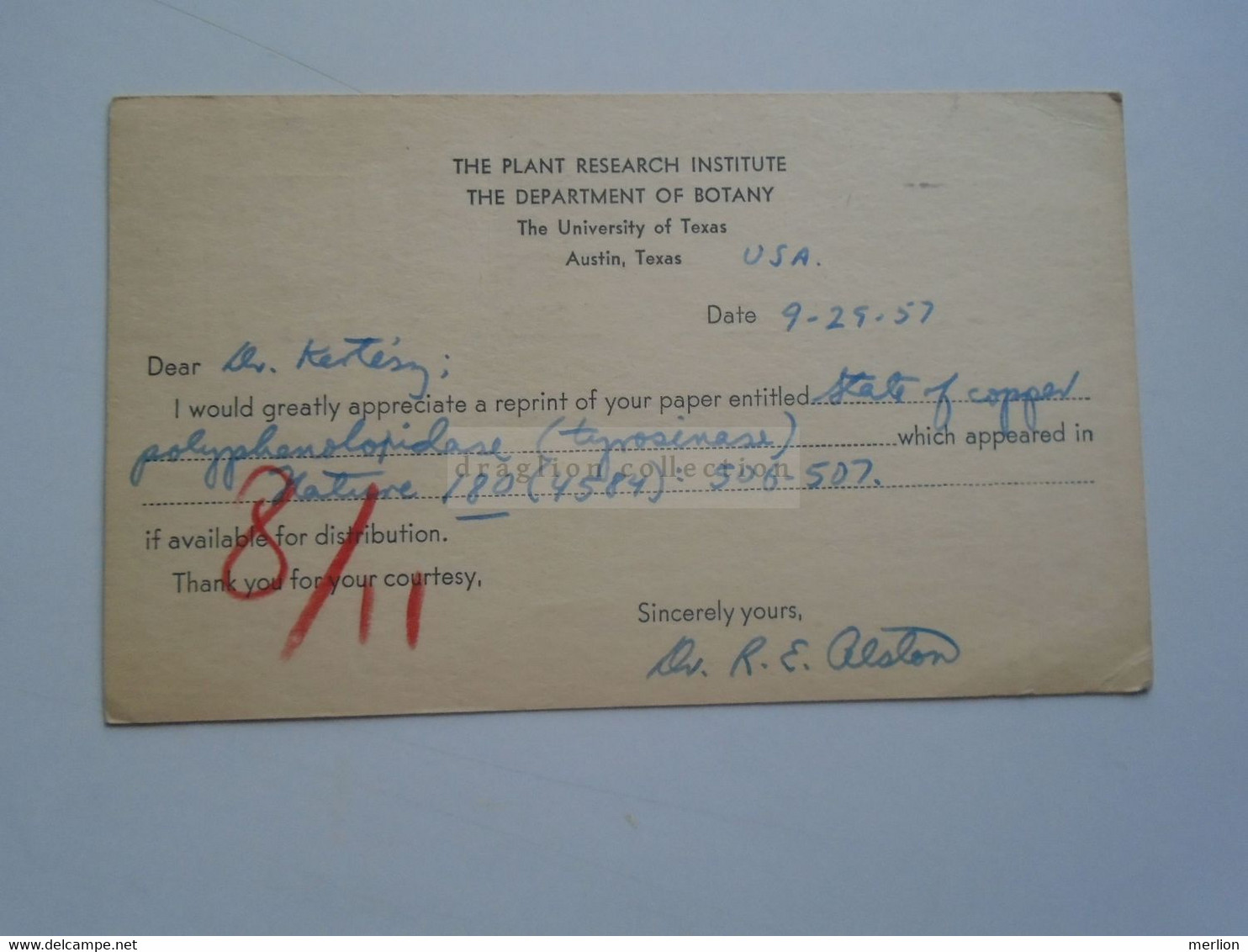 D179022 US Uprated Postal Stationery - Cancel 1957 Austin Terxas   R.E. Alston -   To Dr. Denis Kertész   Italy - 1941-60