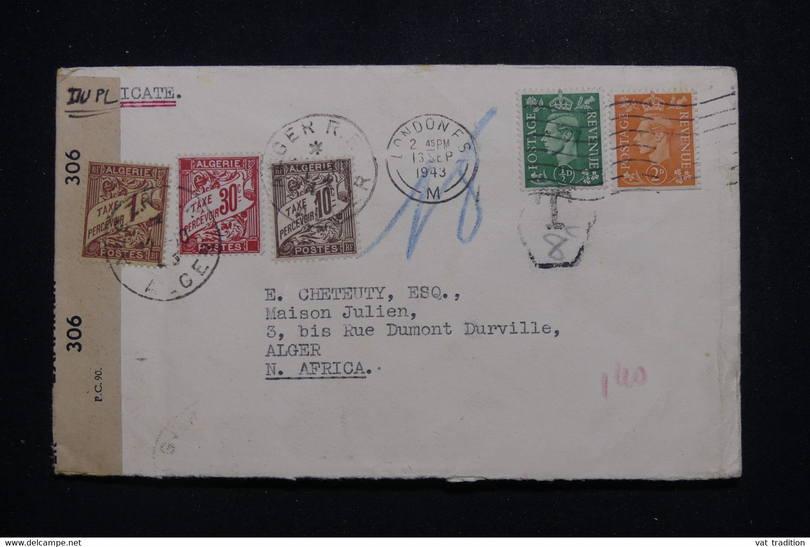 ALGÉRIE - Taxes De Alger Sur Enveloppe De Londres En 1943 Avec Contrôle Postal - L 97078 - Altri & Non Classificati