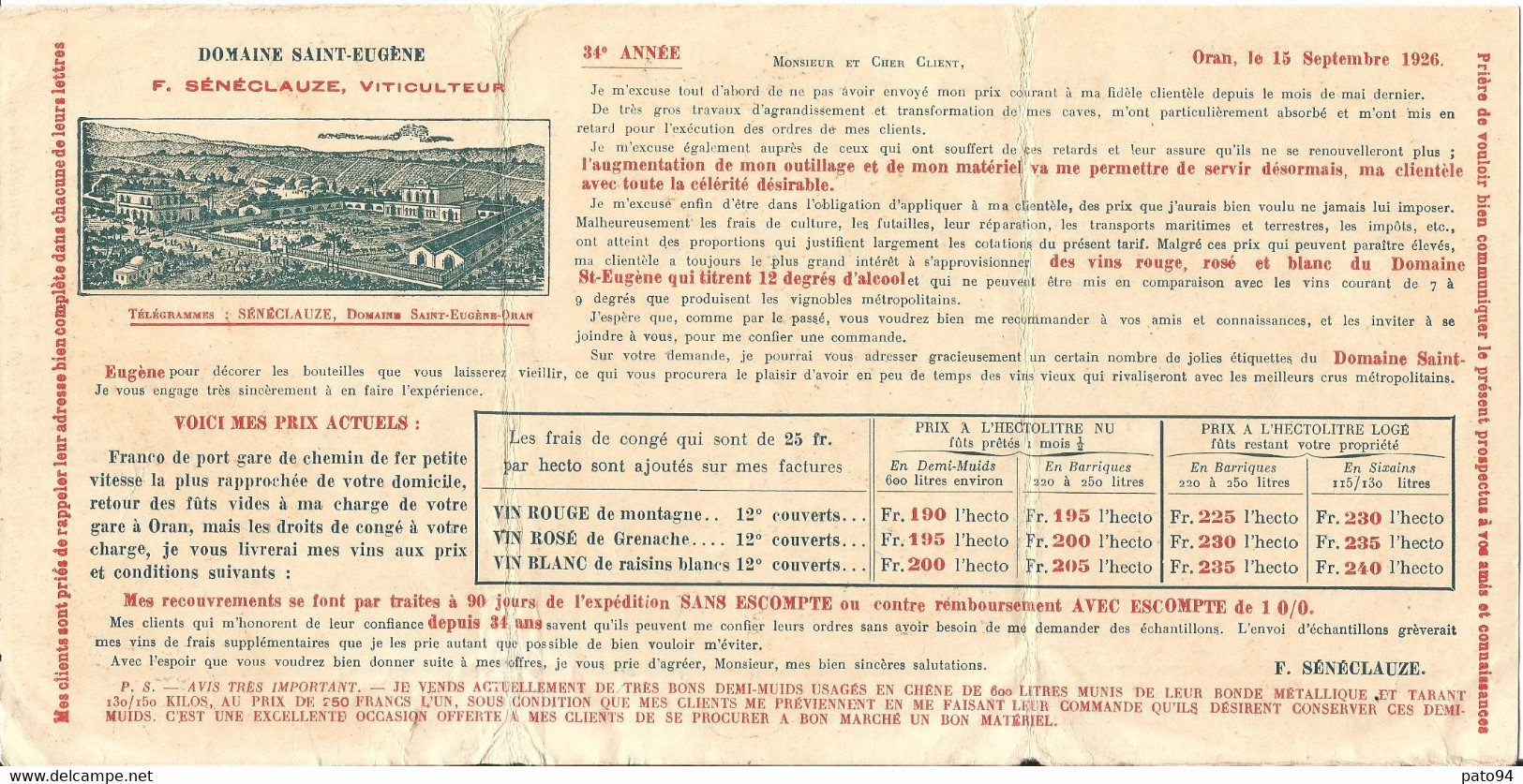 ALGÉRIE  /  F.  SÉNÉCLAUZE,  Viticulteur,  Domaine  De  Saint-Eugène  ORAN  /  Dépliant  En  3  Volets - Publicités