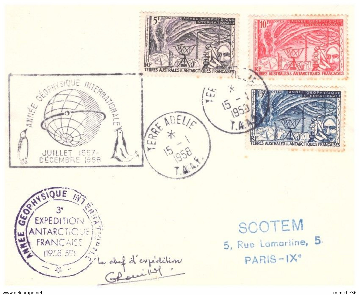 TAAF TERRE ADELIE 15 01 1958 AVEC N° 8 9 10 SIGNEE ROUILLON - Lettres & Documents