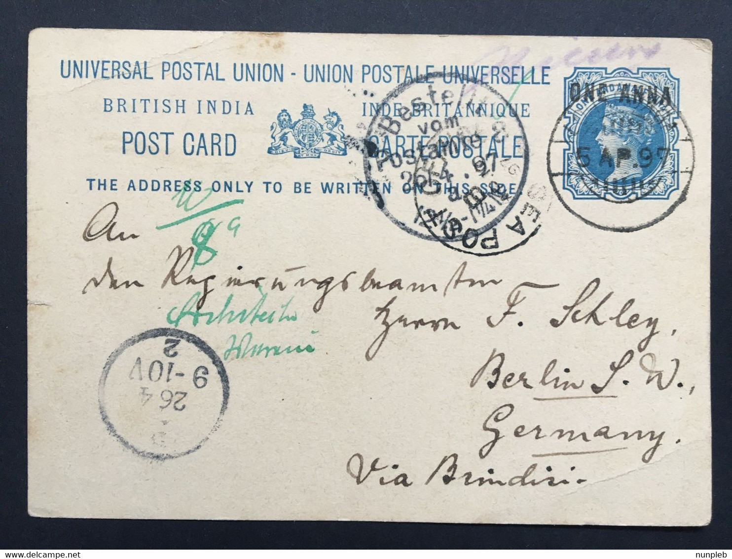 INDIA 1897 Victoria Stationary Cover Lohardaga To Berlin Germany Wwith Sea Post And Bestellt Marks - 1882-1901 Empire