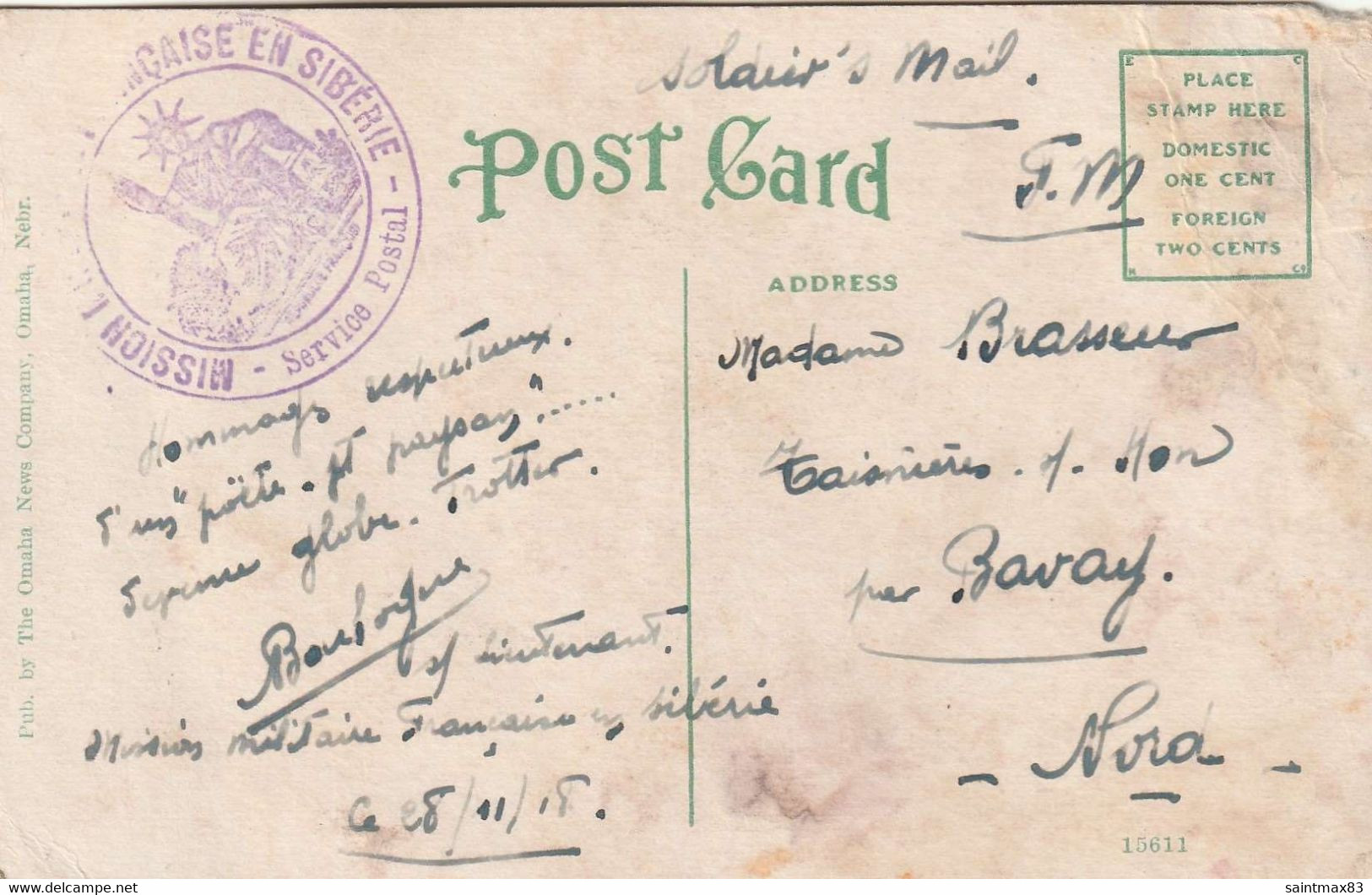 MISSION MILITAIRE EN SIBERIE Service Postal 28/11/1918. French Troops In Siberia. Russian Civil War Soldier's Mail WW1. - Guerra De 1914-18