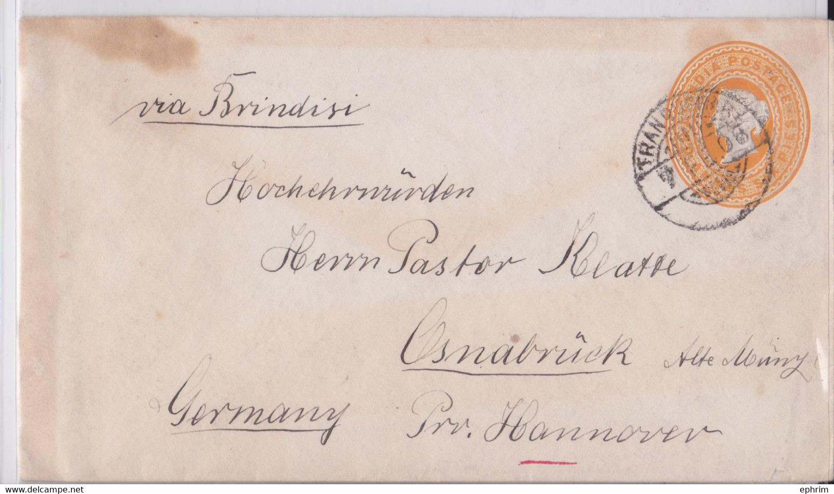 TRANQUEBAR British India Danish Settlement Colony Queen Victoria Postal Stationery Mail Cover To Osnabrück Via Brindisi - 1882-1901 Empire