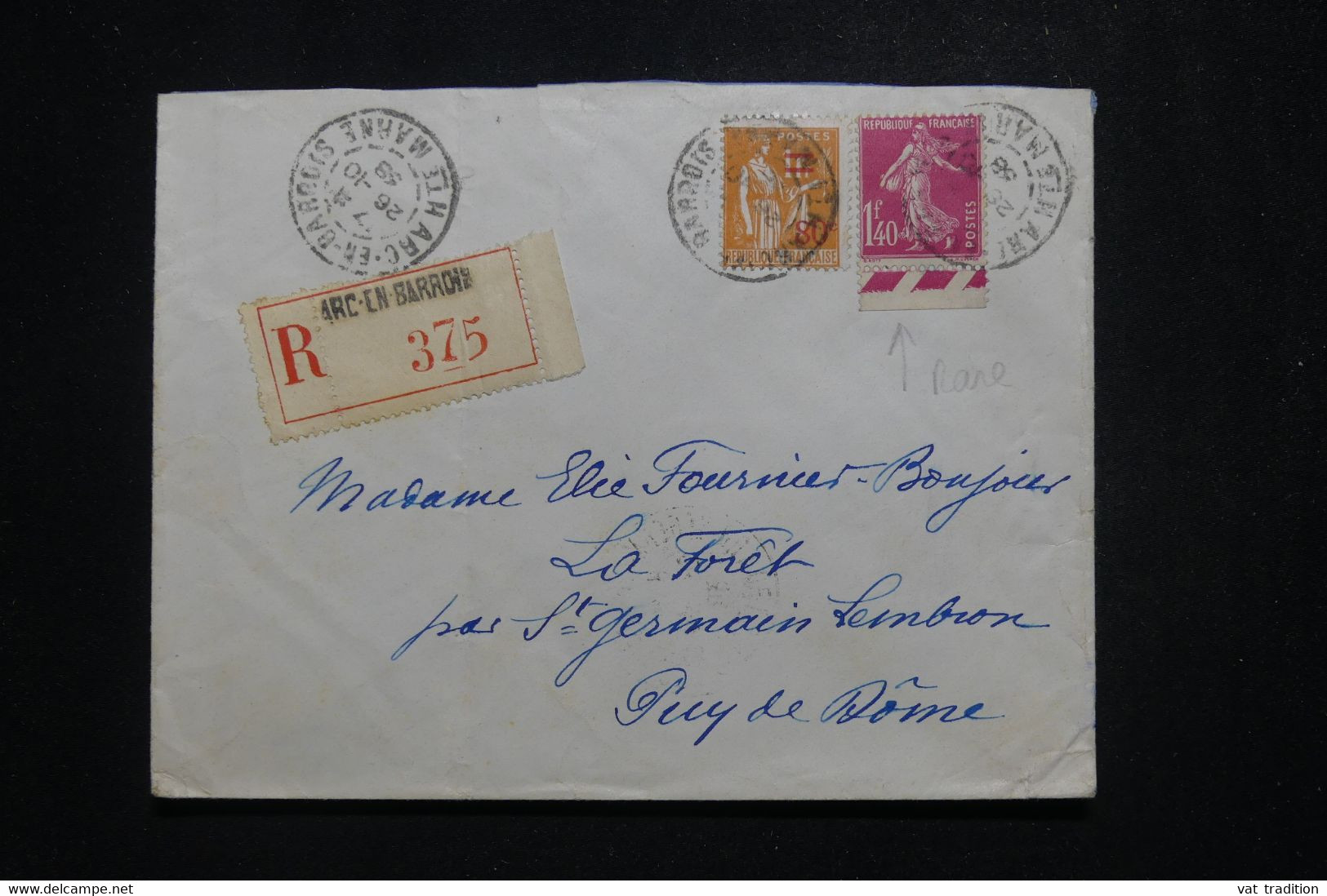 FRANCE - Enveloppe En Recommandé De Arc En Barrois Pour St Germain Lembron En 1938, Affr. Semeuse 1f40 / Paix - L 97135 - 1921-1960: Periodo Moderno