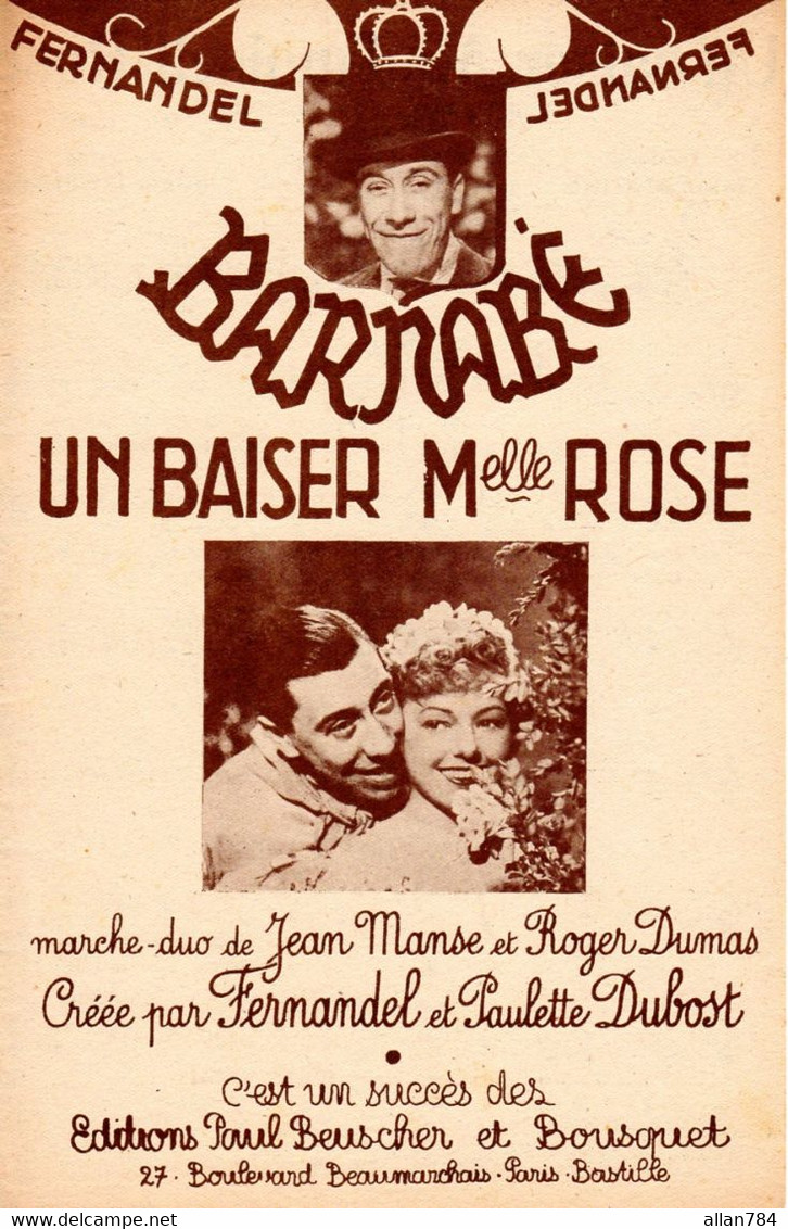 FERNANDEL - DU FILM BARBABE "UN BAISER Melle ROSE" - 1938 - EXCELLENT ETAT - - Film Music