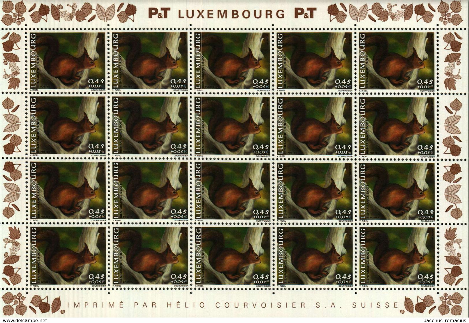 Luxembourg 4 Feuilles à 20 Timbres 0,45+0,05/0,52+0,08/0,89+0,21euro Ecureuil/Sanglier/Pigeon 2001 - Ganze Bögen