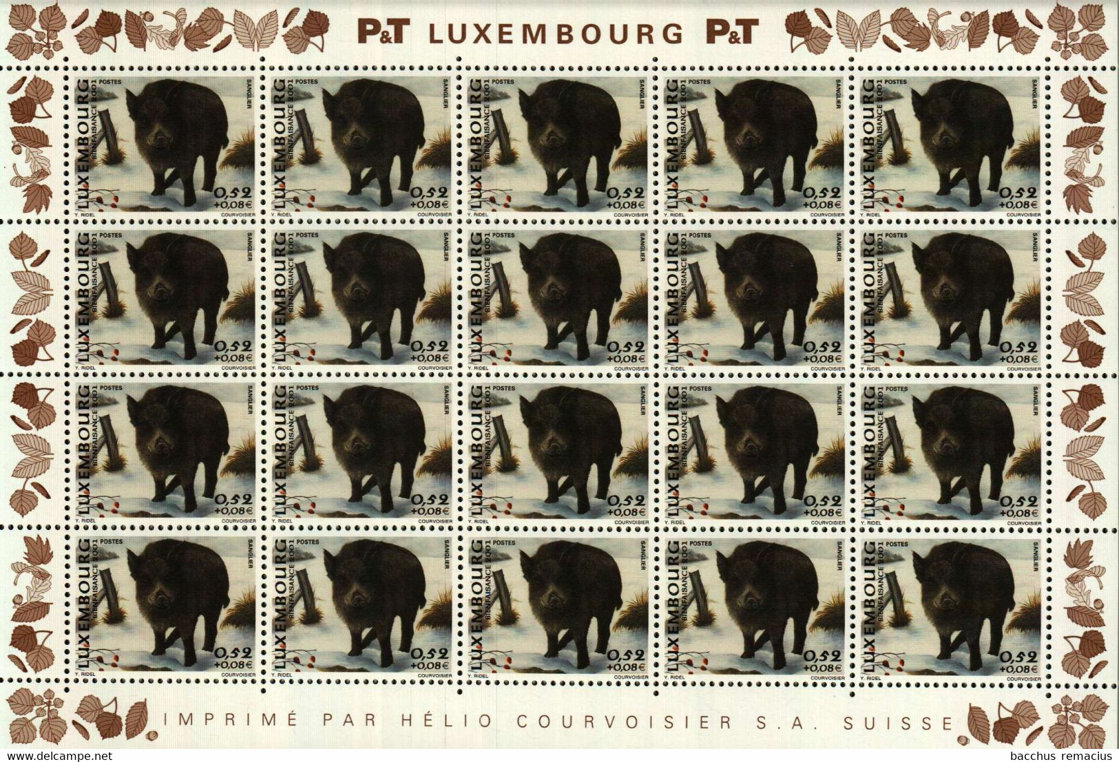 Luxembourg 4 Feuilles à 20 Timbres 0,45+0,05/0,52+0,08/0,89+0,21euro Ecureuil/Sanglier/Pigeon 2001 - Feuilles Complètes