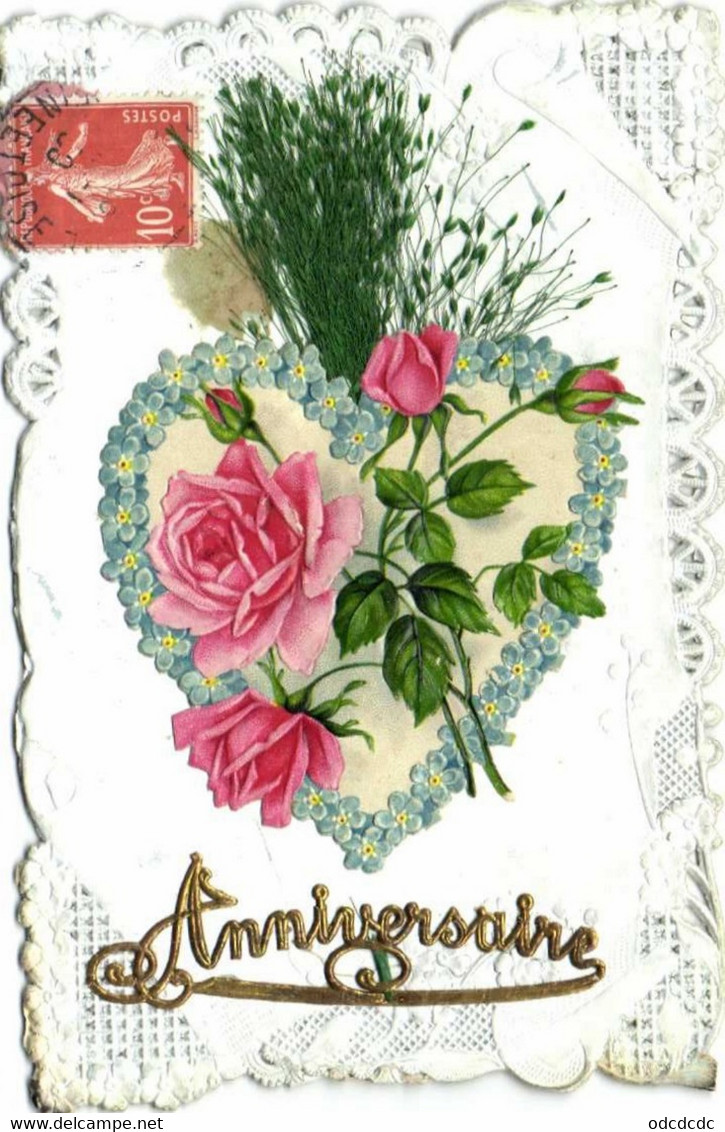 Carte Ajouitis Anniversaire Coueyr De Myosotis Roses  Feuillage Decor Broderies  RV - Birthday