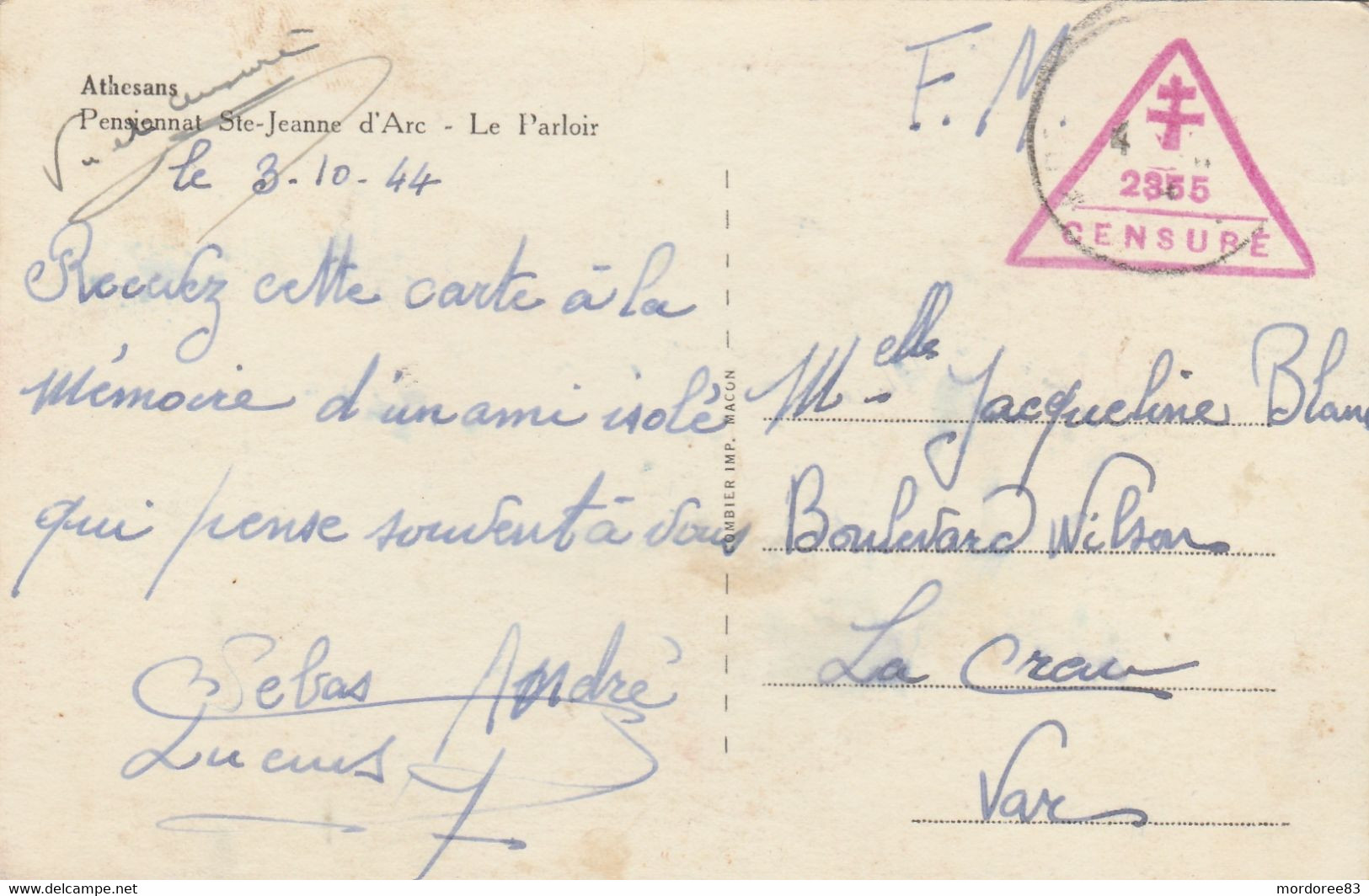 CPA - FM -CACHET DE CENSURE 2355 TRIANGLE CROIX DE LORRAINE 1944 POUR LA CRAU VAR - Guerra De 1939-45