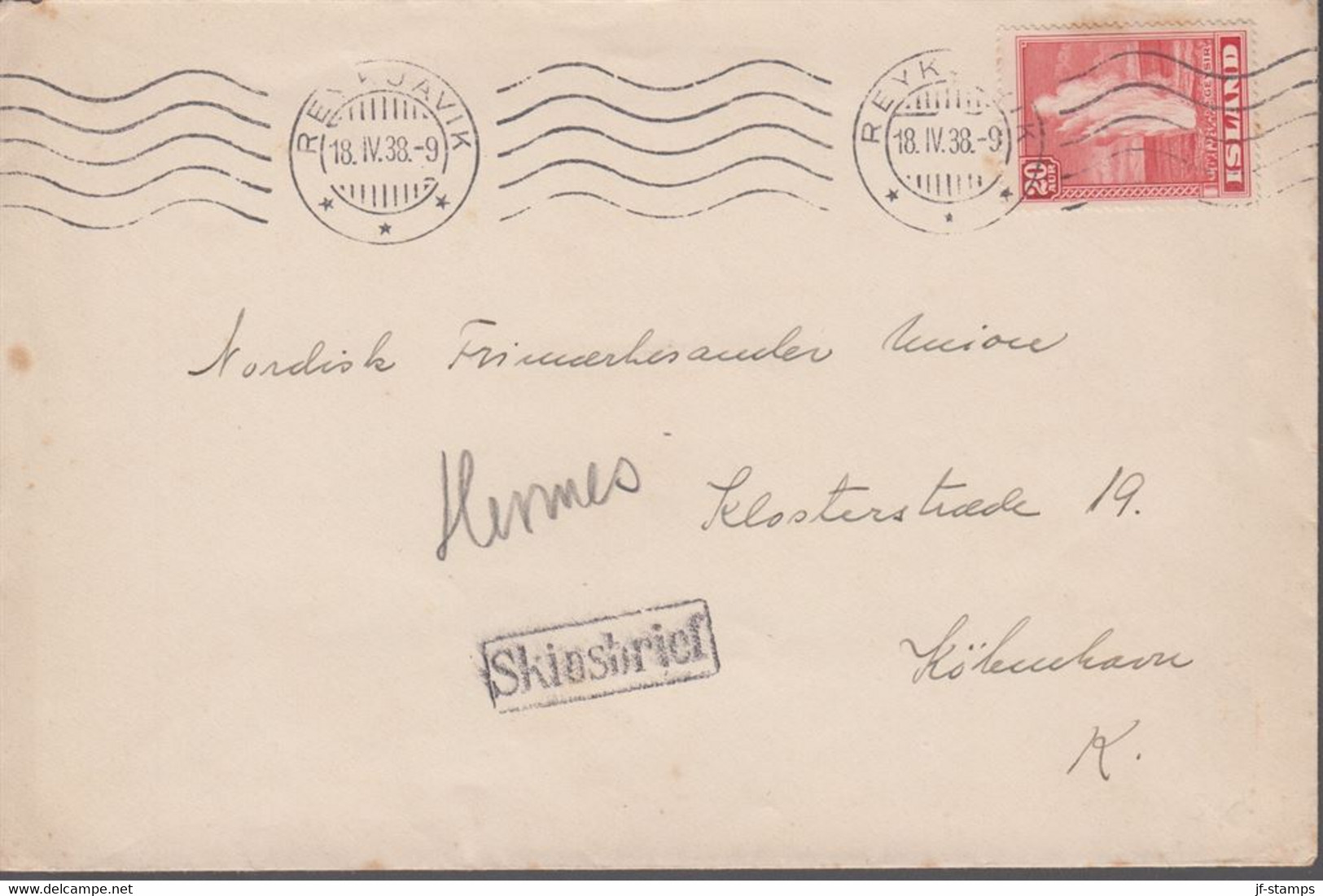 1938. ISLAND. 20 AUR GEYSIR On Ship Mail Cover From REYKJAVIK 18.IV.38 To Denmark. Sh... () - JF419123 - Storia Postale