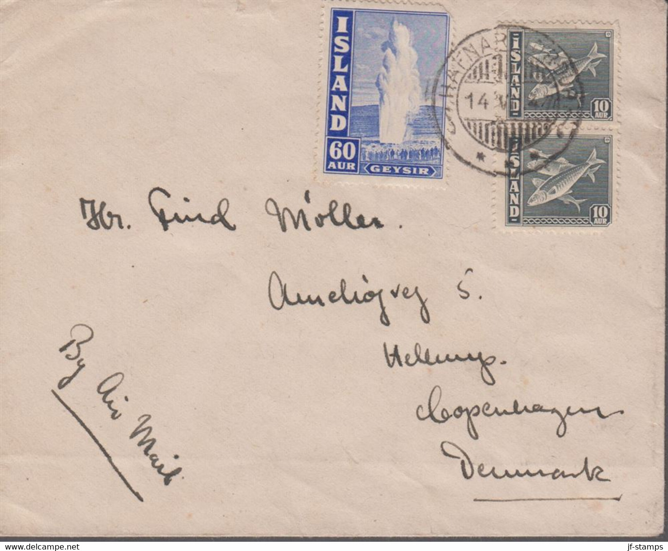 1947. ISLAND. . 2 Ex 10 Aur + 60 AUR Geysir Perf 14 On Cover To Hellerup, Danmark Can... (Michel 229A) - JF419124 - Covers & Documents