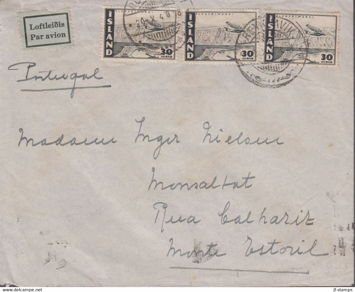 1948. ISLAND. . Air Mail. 3 Ex 30 Aur Pair On Cover From REYKJAVIK 20 X 1948 To Portu... (Michel 242) - JF419126 - Briefe U. Dokumente