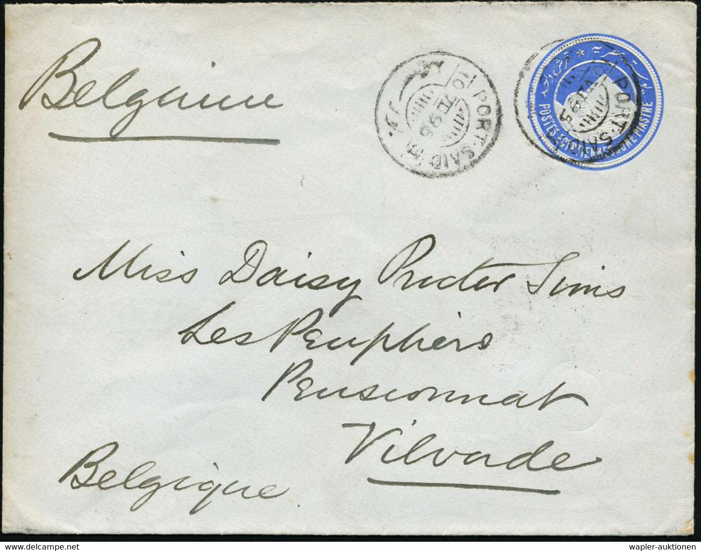 ÄGYPTEN 1895 (10.6.) 1 Pia. U "Sphinx / Pyramide", Blau , 2x 1K: PORT SAID, Klar Gest. Ausl.-Bf. N. Belgien  (HG.U 2 A)  - Egittologia