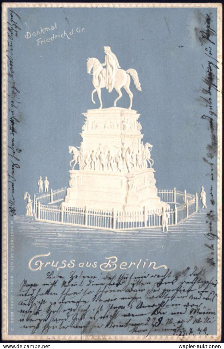 BERLIN,NO/ *18a 1899 (25.8.) 1K-Gitter Auf Zweifarbiger Prägedruck-Ak.: Denkmal Friedrich Der Große (weiß/blau) Bedarf ( - Otros & Sin Clasificación