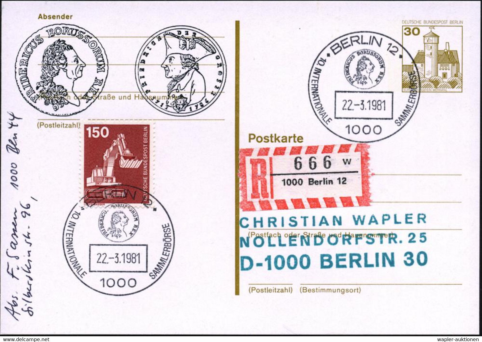 1000 BERLIN 12/ 10.INTERNAT.SAMMLERBÖRSE 1981 (22.3.) SSt = Thaler-Münze Mit Friedrich II (latein.Inschrift) Auf Amtl. P - Otros & Sin Clasificación