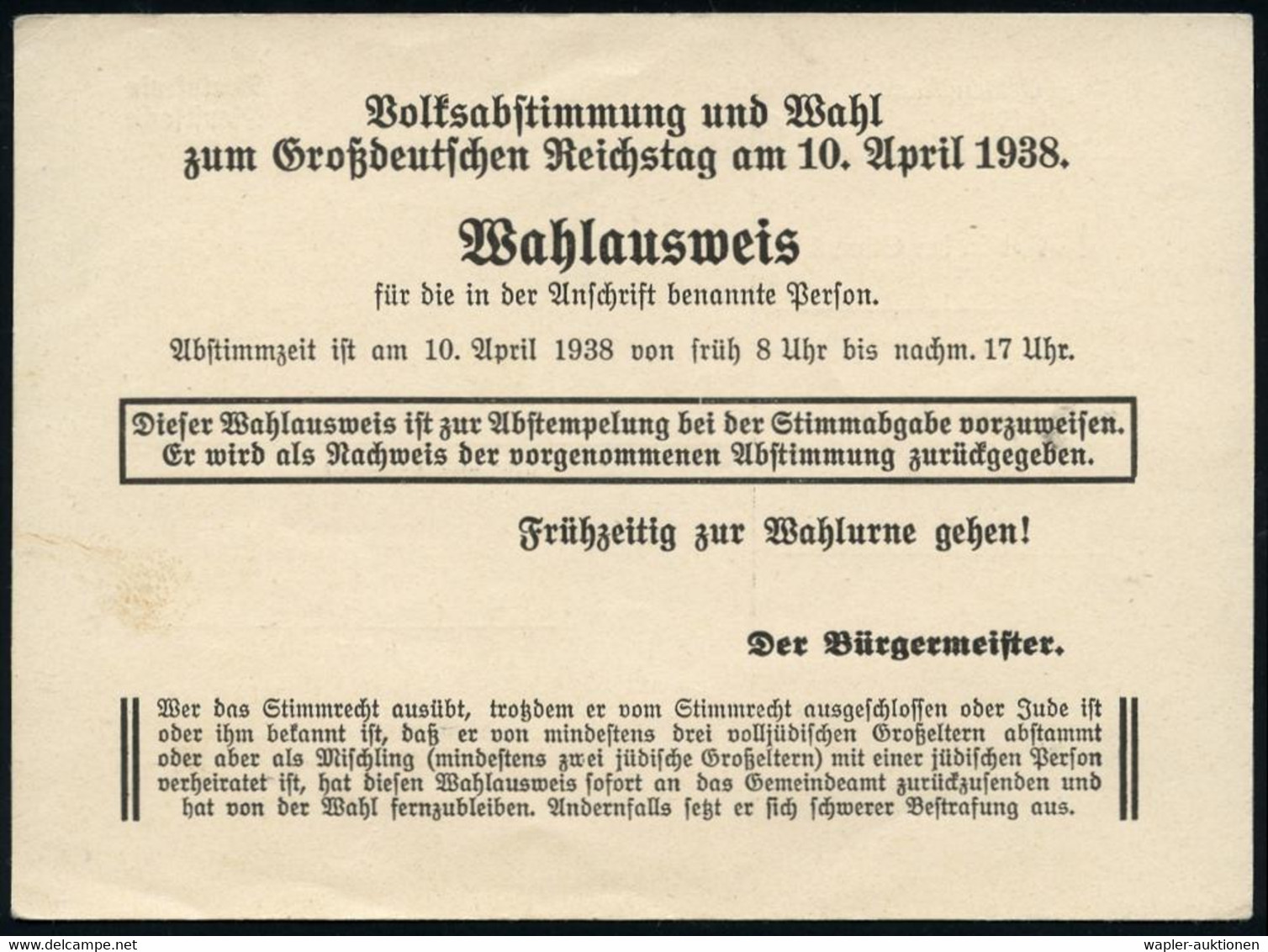 Wien 1938 (10.4.) Viol. Ra.4: Volksabstimmung/für Groß-Deutschland/am 10. April 1938 - Abgestimmt - Auf Portofreier Dien - Autres & Non Classés