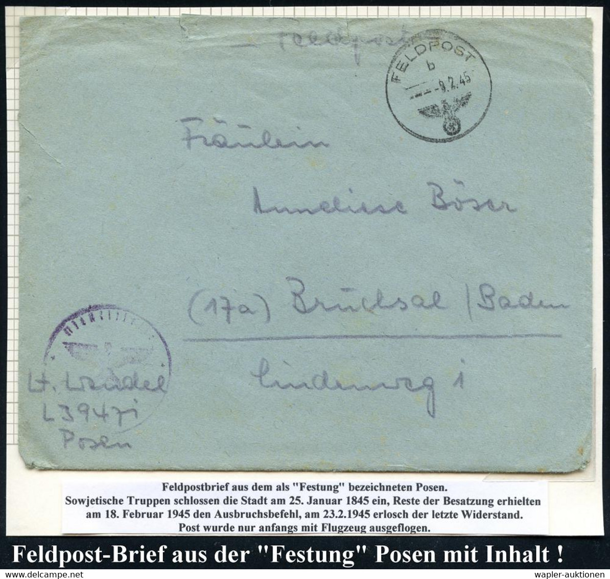 POSEN 1945 (9.2.) 1K: FELDPOST/b/--- + Dienstsiegel-HdN + Hs. Abs.: "L 39471,  P O S E N"  = 4. Battr., Flak-Abt. 494, F - 2. Weltkrieg