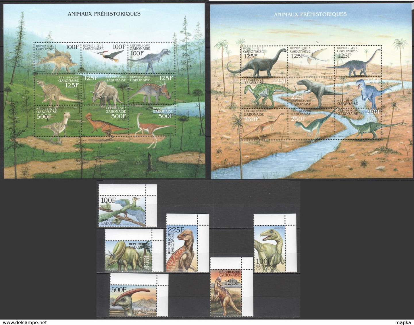 H161 GABONAISE GABON FAUNA DINOSAURS ANIMAUX PREHISTORIQUES 1SET+2KB MNH - Preistorici