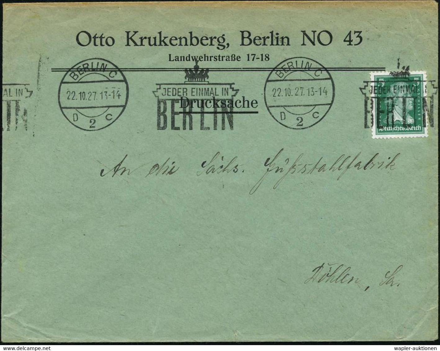 BERLIN C/ D2c/ JEDER EINMAL IN/ BERLIN 1927 (27.9.) BdMWSt = Brandenbg. Tor , Glasklar Gest. Fiirmen-Bf. (Bo.98 Bd , Ers - Monumenti