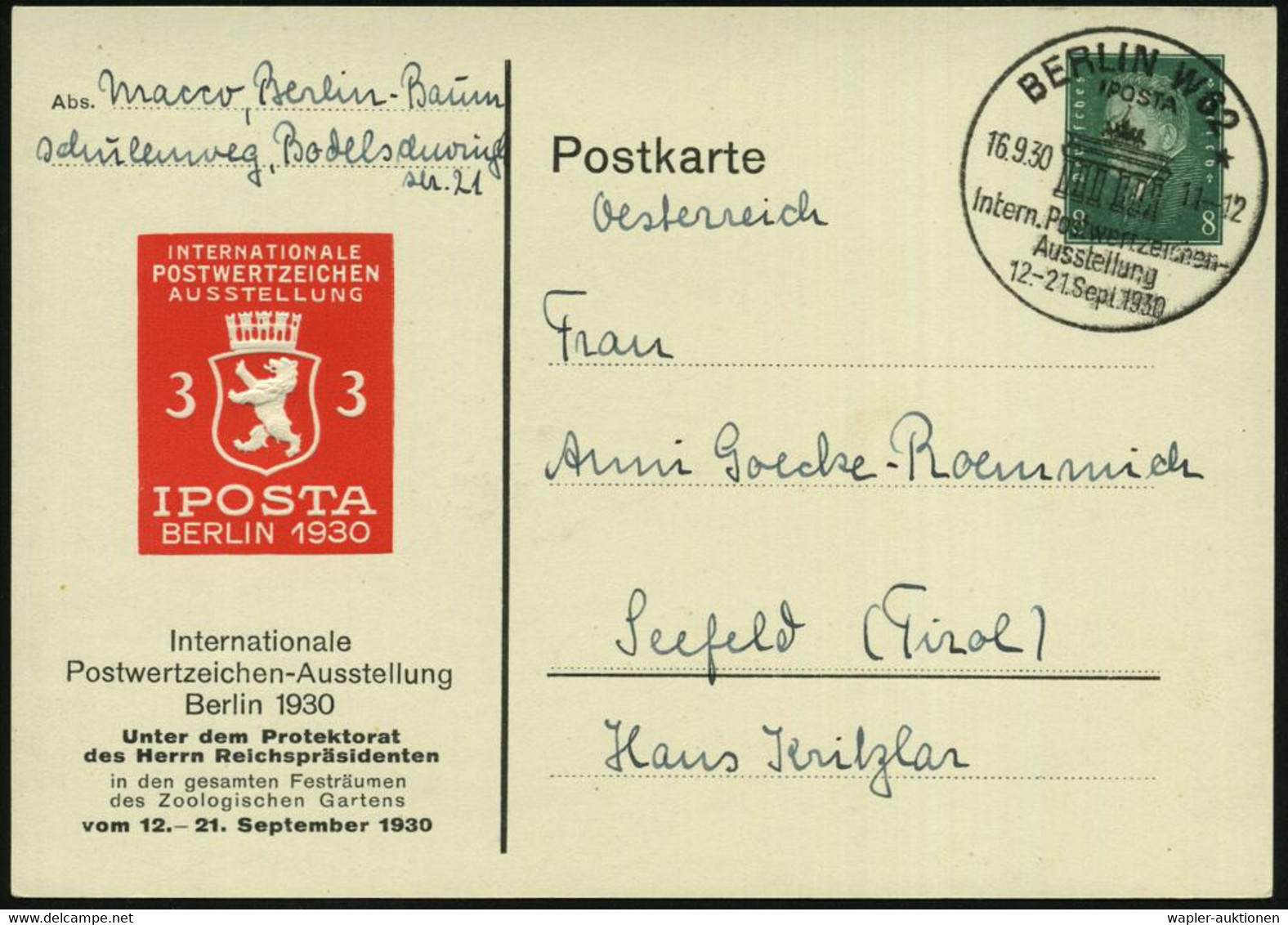 BERLIN W62/ IPOSTA/ * 1930 (16.9.) SSt = Brandenbg. Tor Auf PP 8 Pf. Ebert, Grün: IPOSTA 1930  (Frech 113/C 10-03) Wappe - Monuments