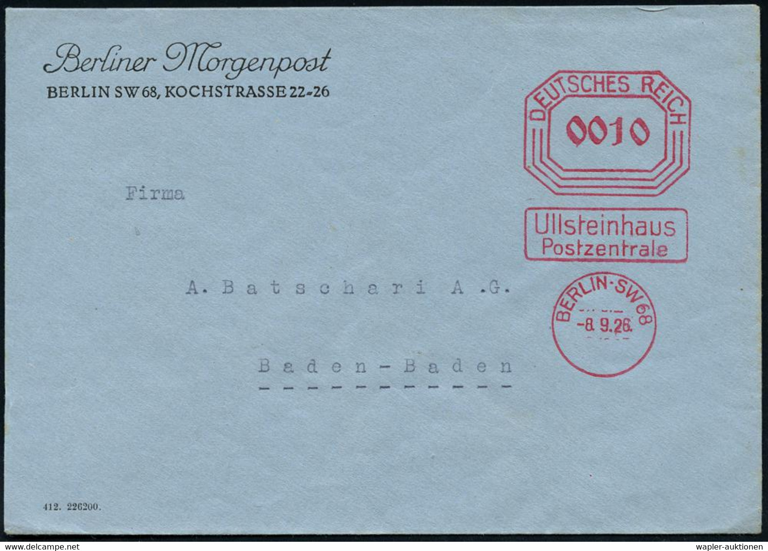 BERLIN SW 68/ Ullsteinhaus/ Postzentrale 1928 (8.9.) AFS-Vorläufer "Bafra" Mit Vertikalachse 0010 Pf. (vierstelling) Fir - Zonder Classificatie