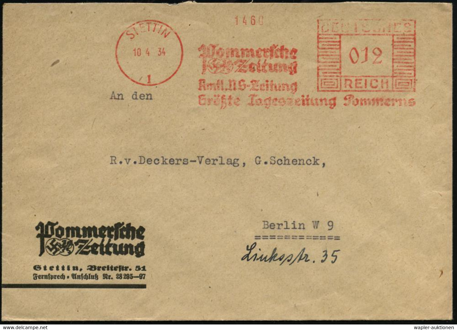 STETTIN/ 1/ Pommersche/ Zeitung/ Amtl.NS-Zeitung/ Größte Tageszeitung Pommerns 1934 (10.4.) AFS Mit Hakenkreuz (u. Stadt - Zonder Classificatie